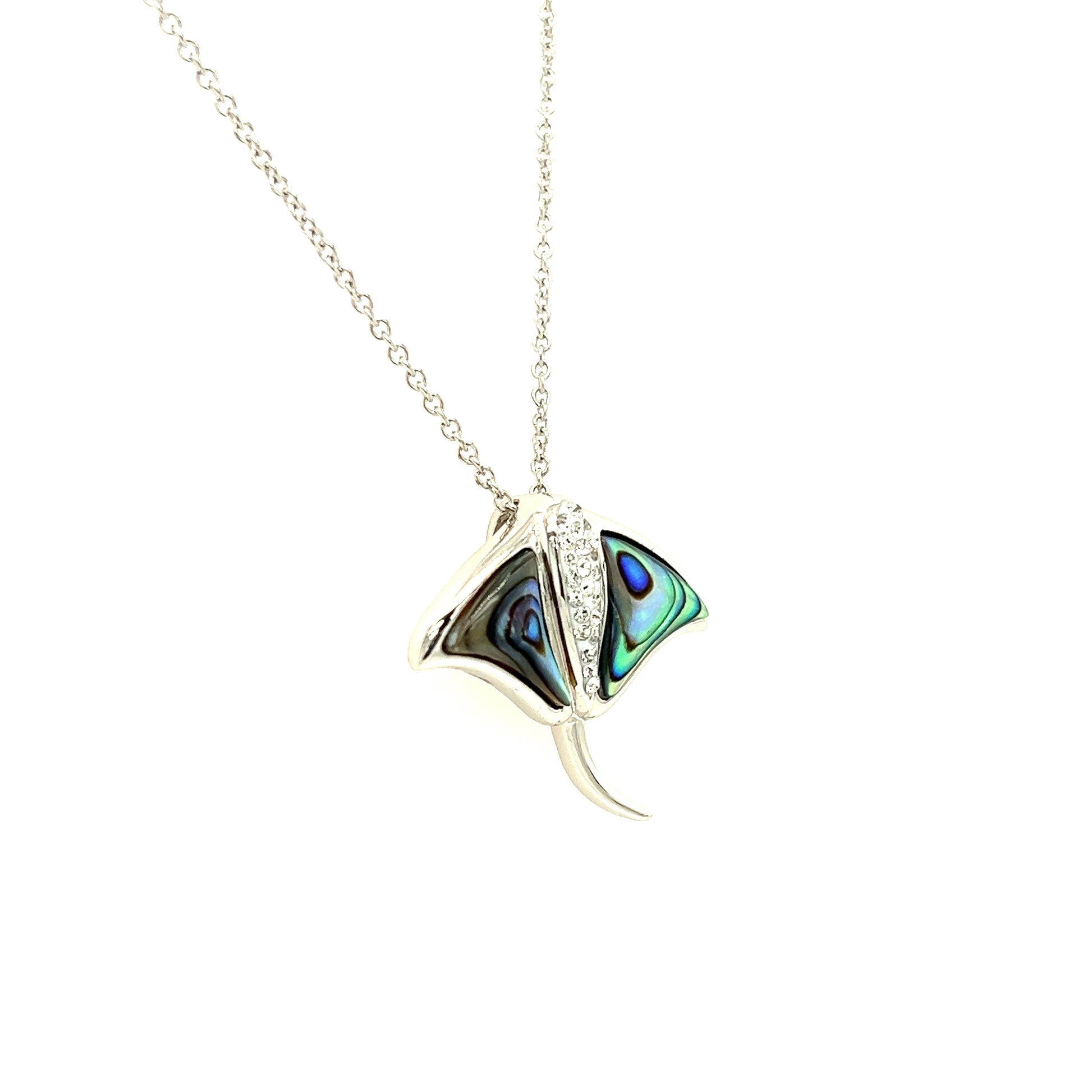 Manta Ray Necklace with Abalone Shell and White Crystals in Sterling Silver Left Side View