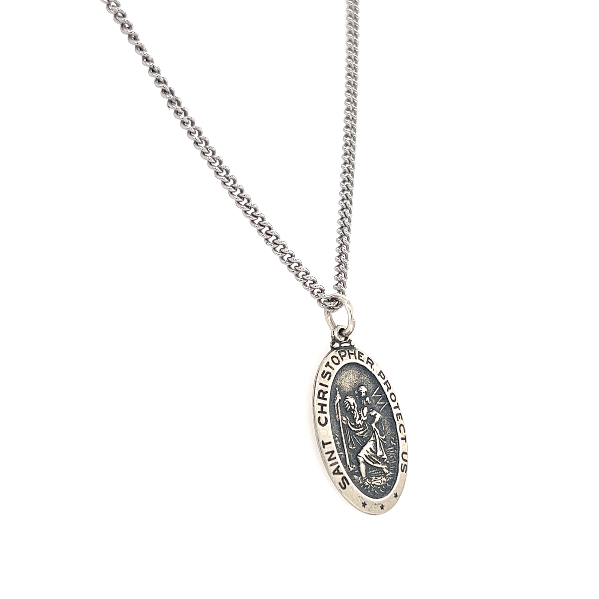 St. Christopher Necklace with Continuous Cable Chain in Sterling Silver Left Side View