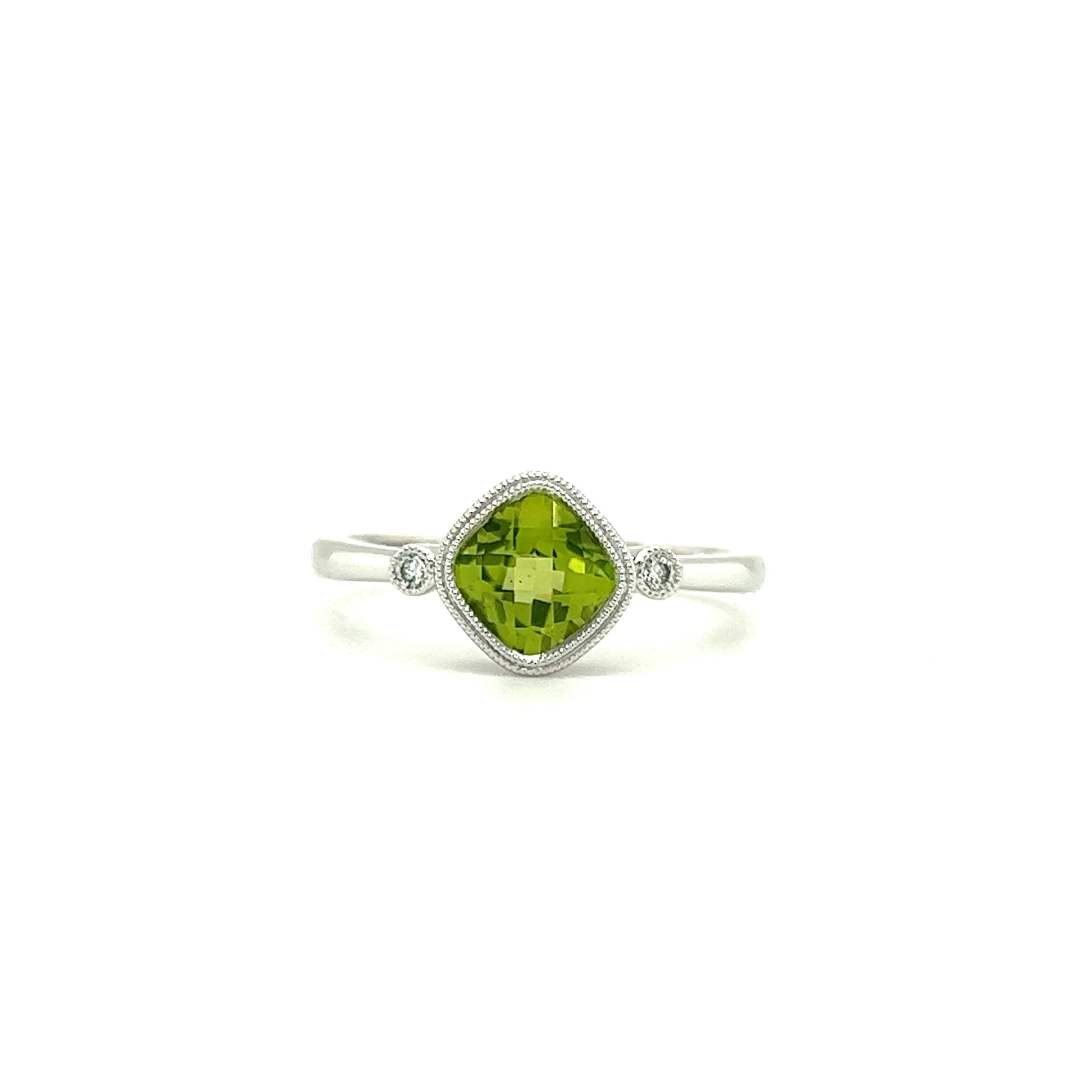 Cushion Peridot Ring with Two Side Diamonds in 14K White Gold Front View