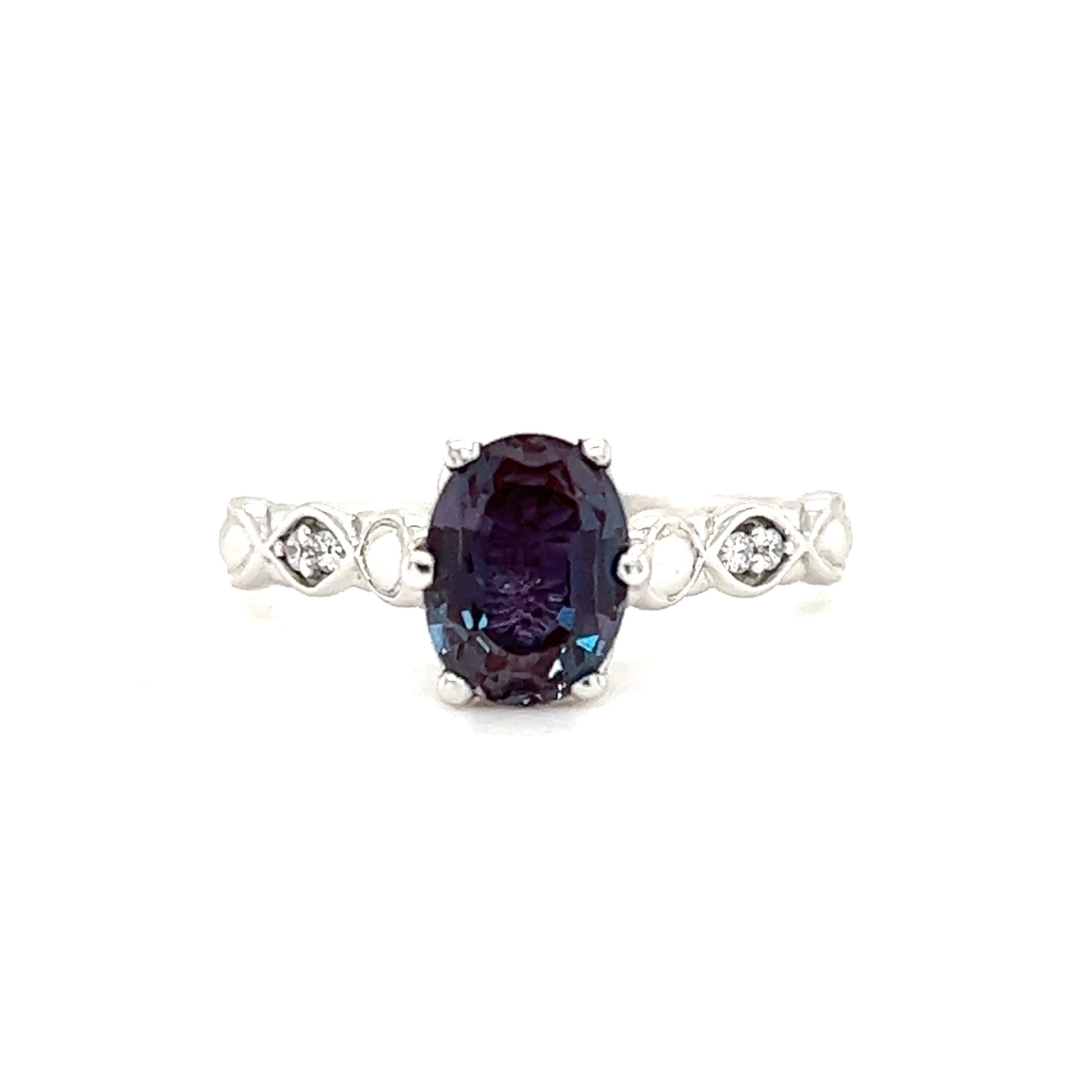Oval Alexandrite Ring with Four Side Diamonds in 10k White Gold Front View