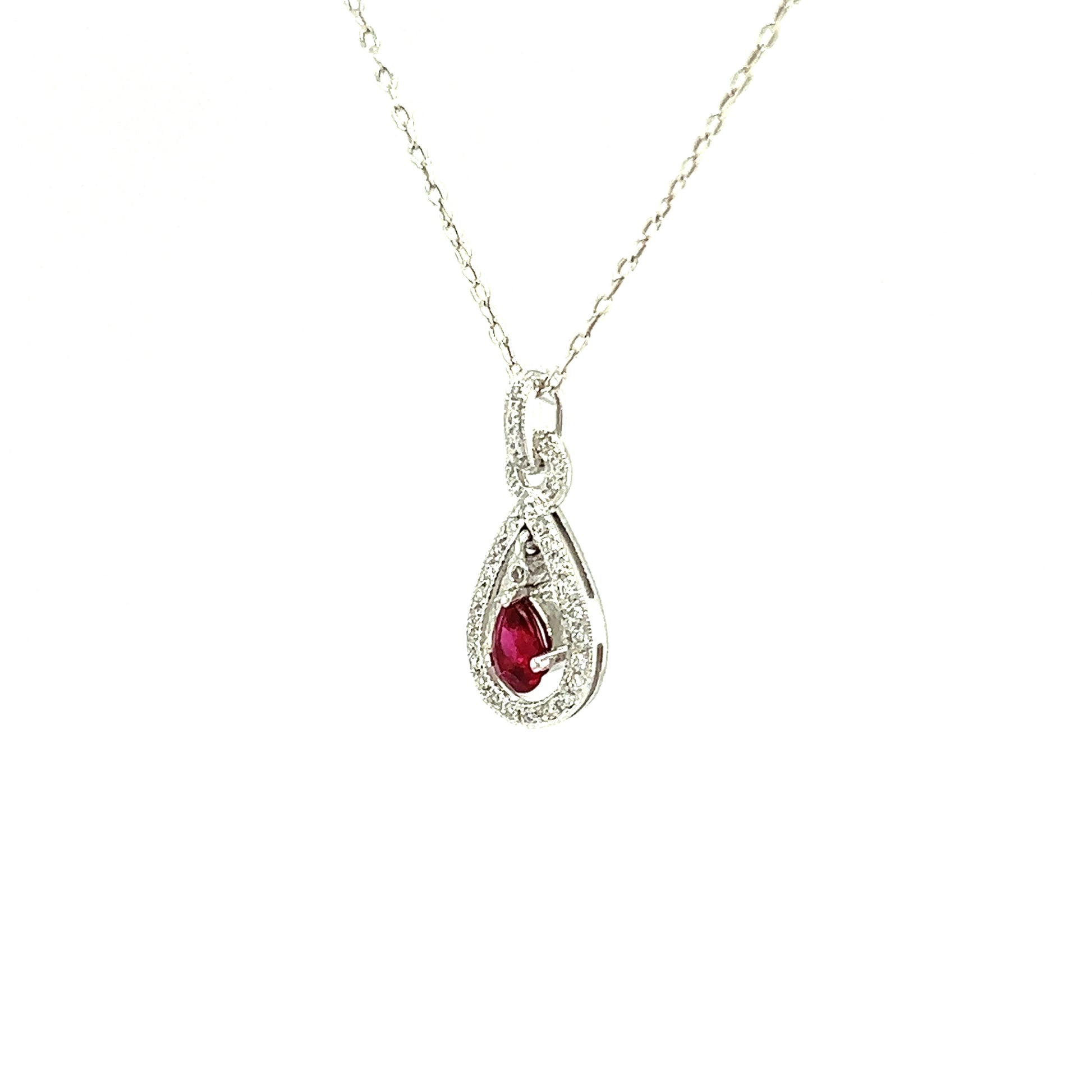 Dangling Pear Ruby Pendant with Diamond Accents in 14K White Gold Pendant and Chain Right Side View