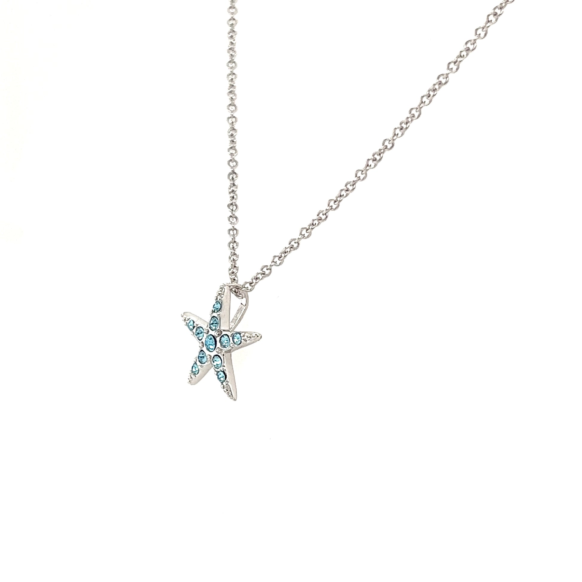 Small Starfish Necklace with Aqua Crystals in Sterling Silver Left Side View