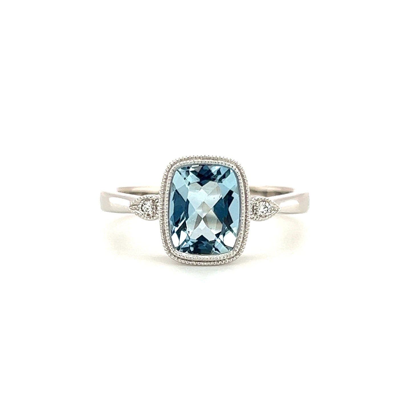 Cushion Aquamarine Ring with Side Diamonds and Milgrain in 14K White Gold Front View
