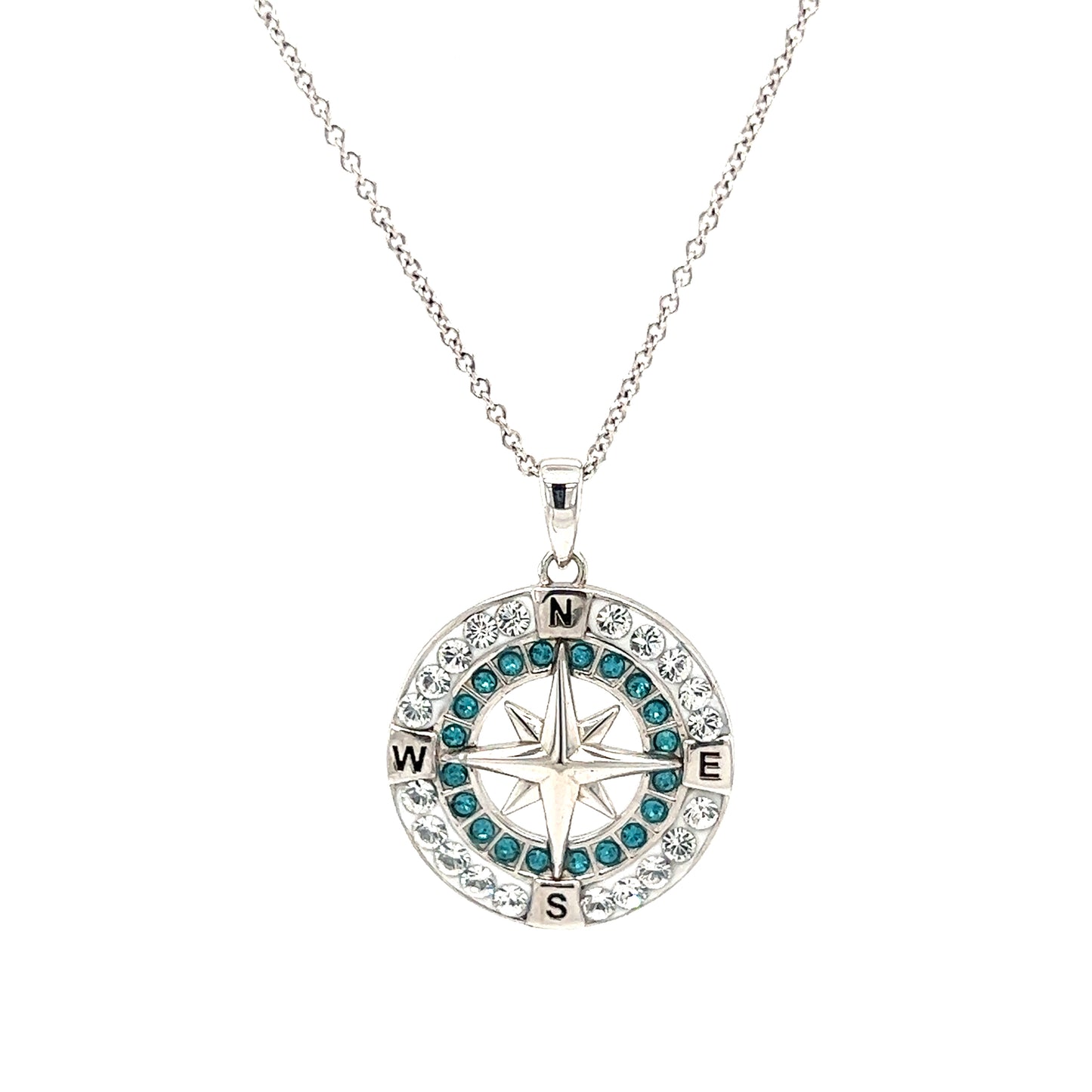 Compass Necklace with Aqua and White Crystals in Sterling Silver Front Necklace View 3