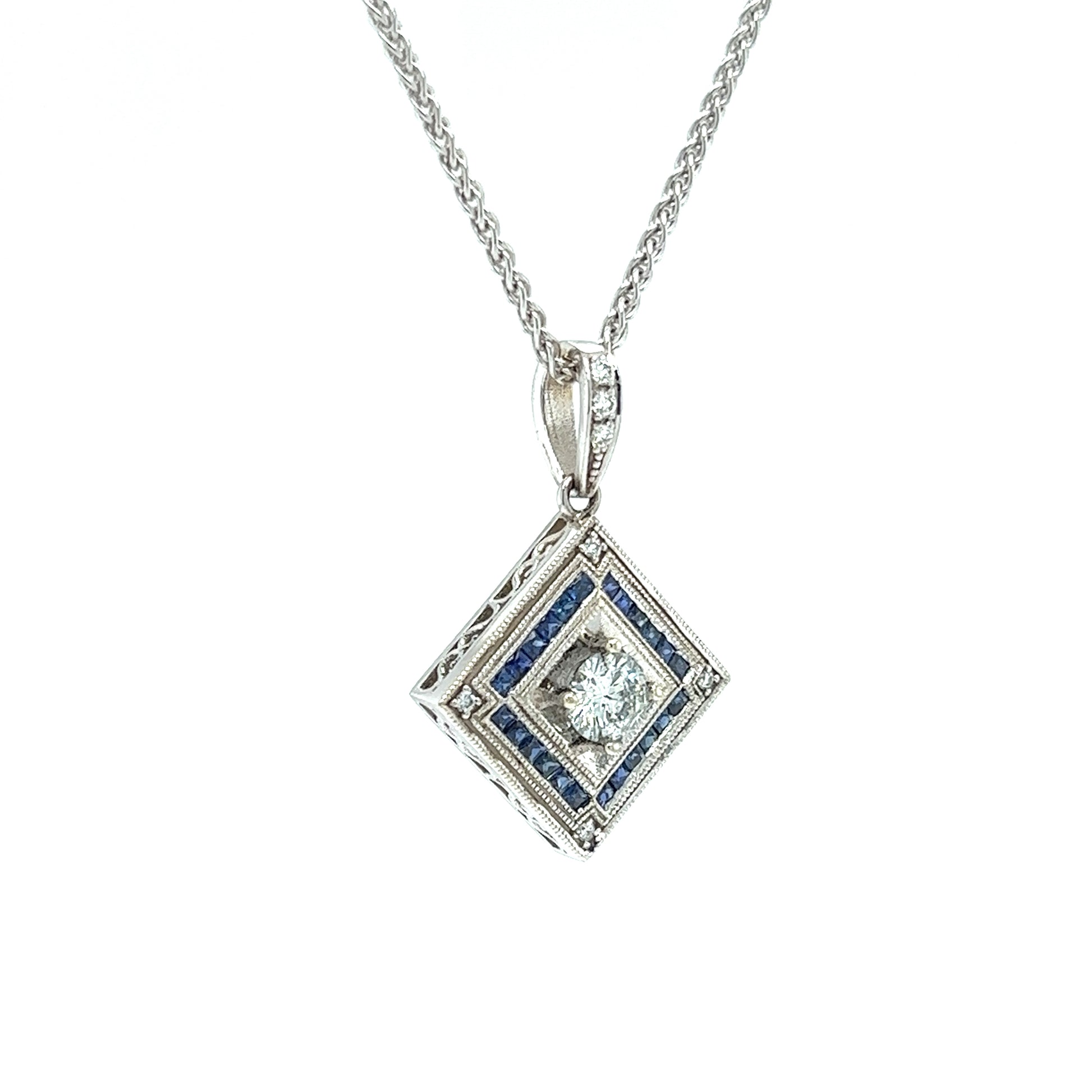 Diamond Square Necklace with 0.64ctw of Blue Sapphires in White Gold Pendant Left Side View