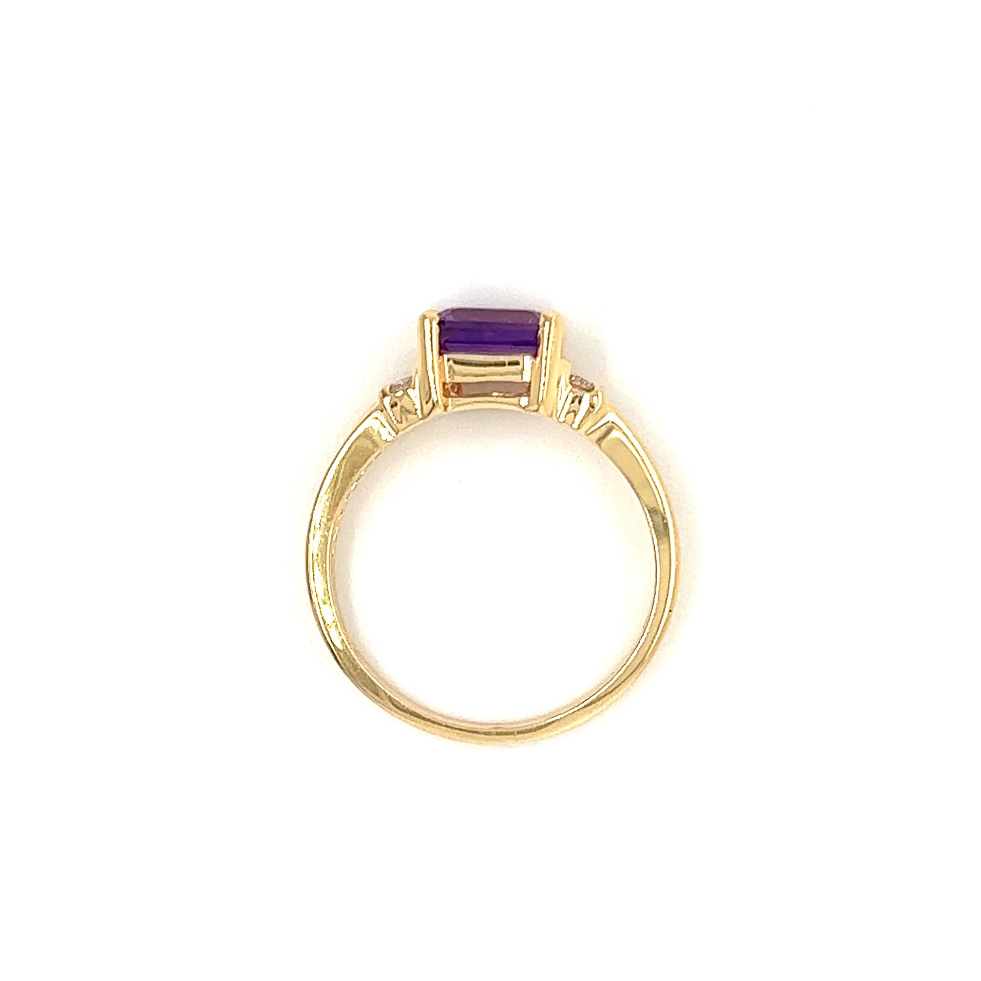 Baguette Amethyst Ring in 14K Yellow Gold with Side Diamonds Top View