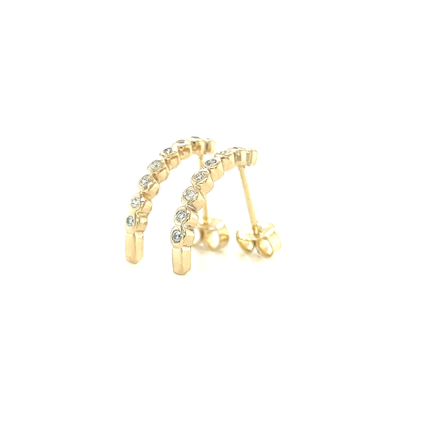 J-Hoop Earrings with Sixteen Diamonds in 14K Yellow Gold Standing Side View Alternate