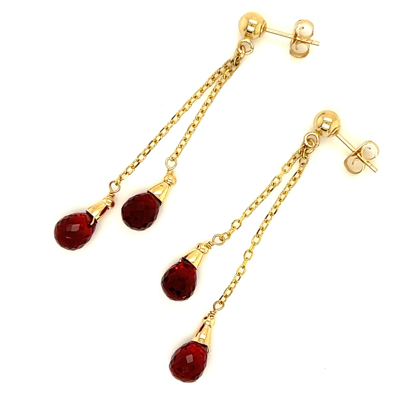 Teardrop Dangle Earrings with Four Garnets in 14K Yellow Gold Top Right View