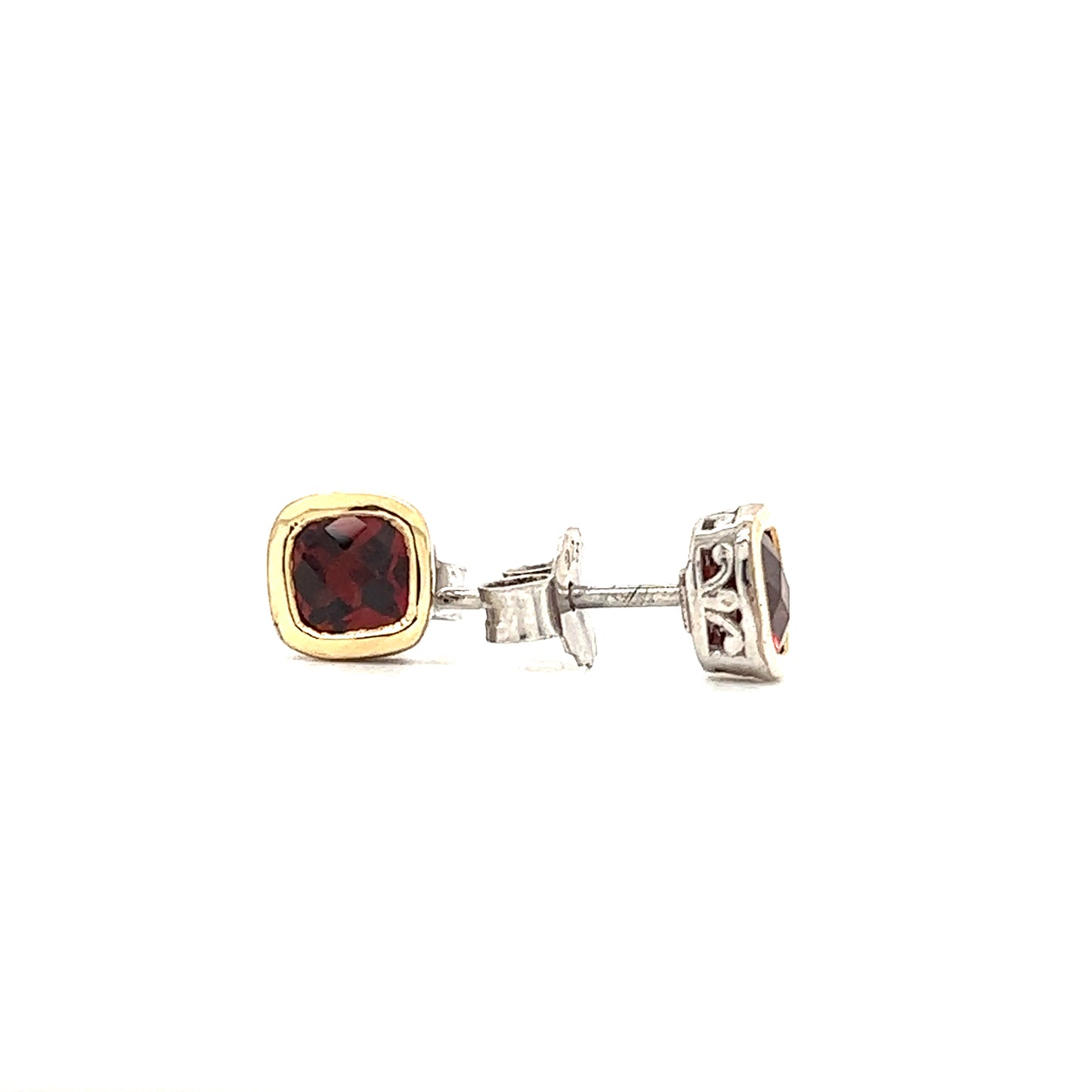 Cushion Garnet Stud Earrings in Sterling Silver Front and Side View