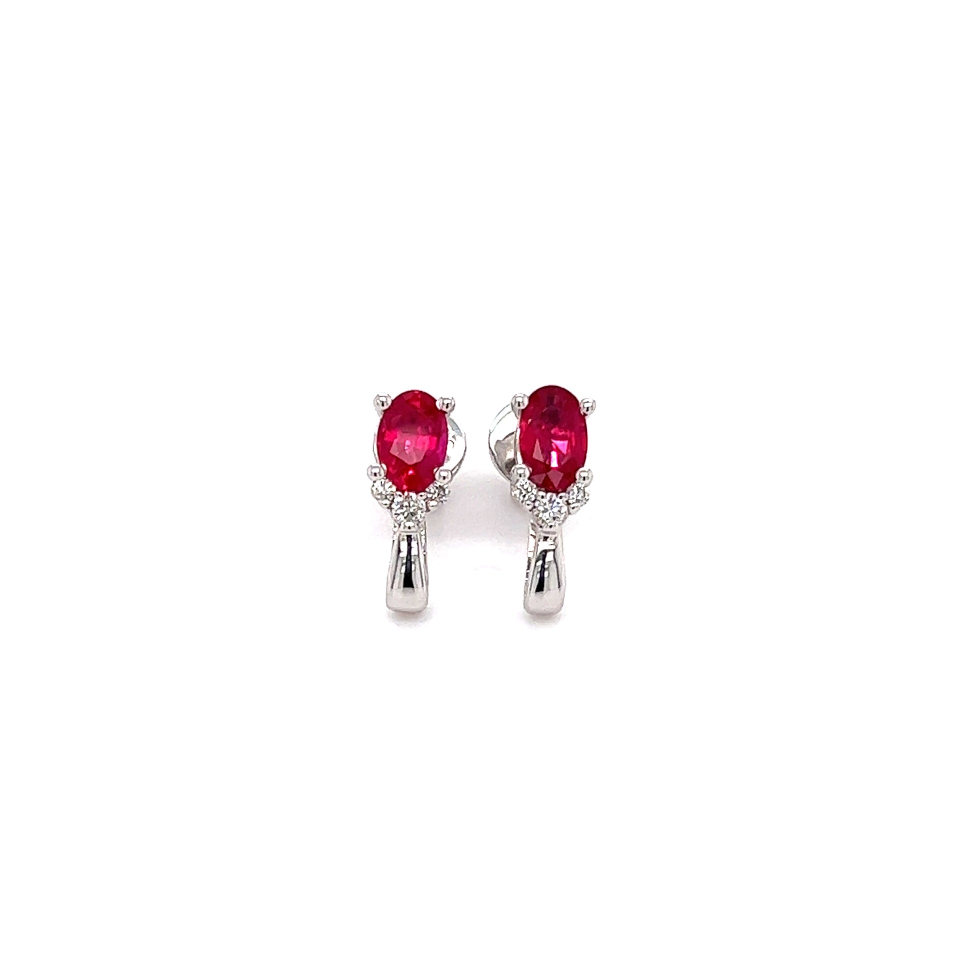 Oval Ruby Stud Earrings with Side Diamonds in 14K White Gold Front View