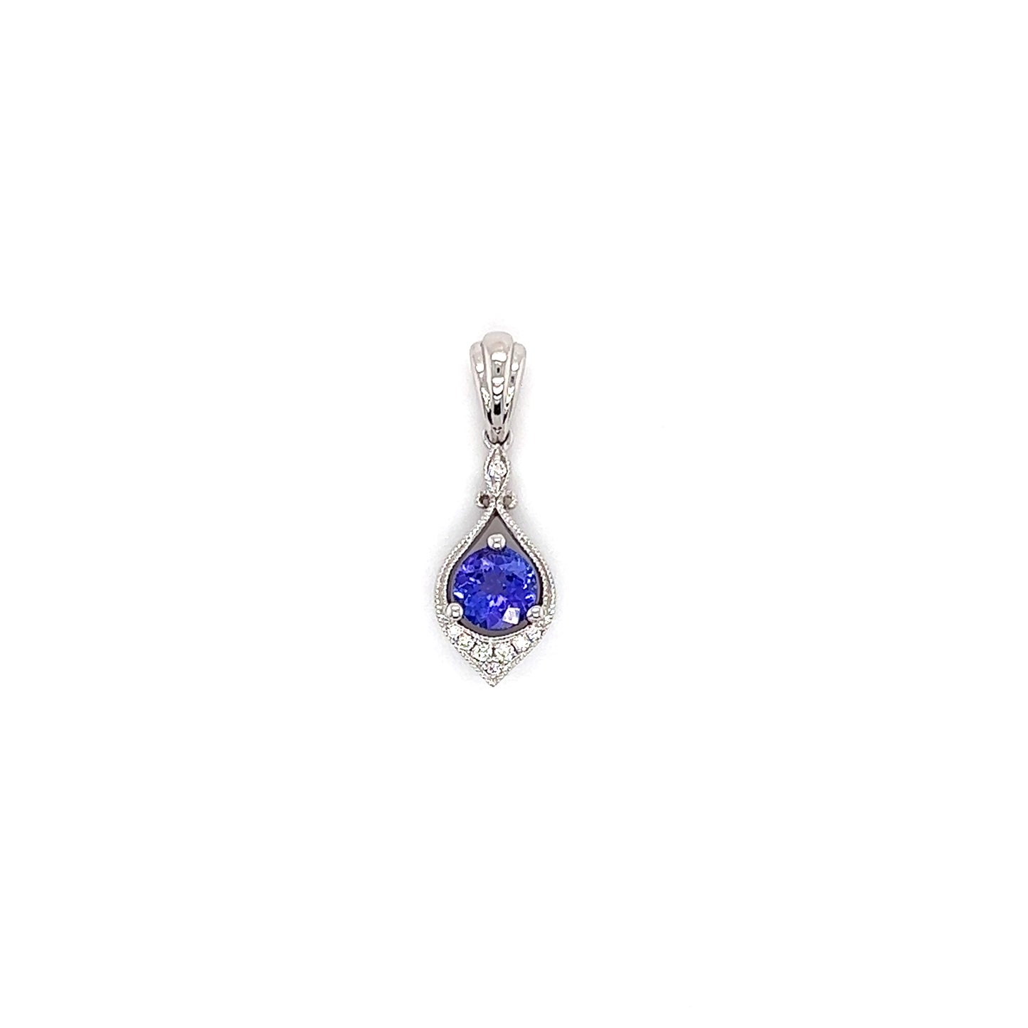 Tanzanite Pendant with Eight Diamonds in 14K White Gold Pendant Front View