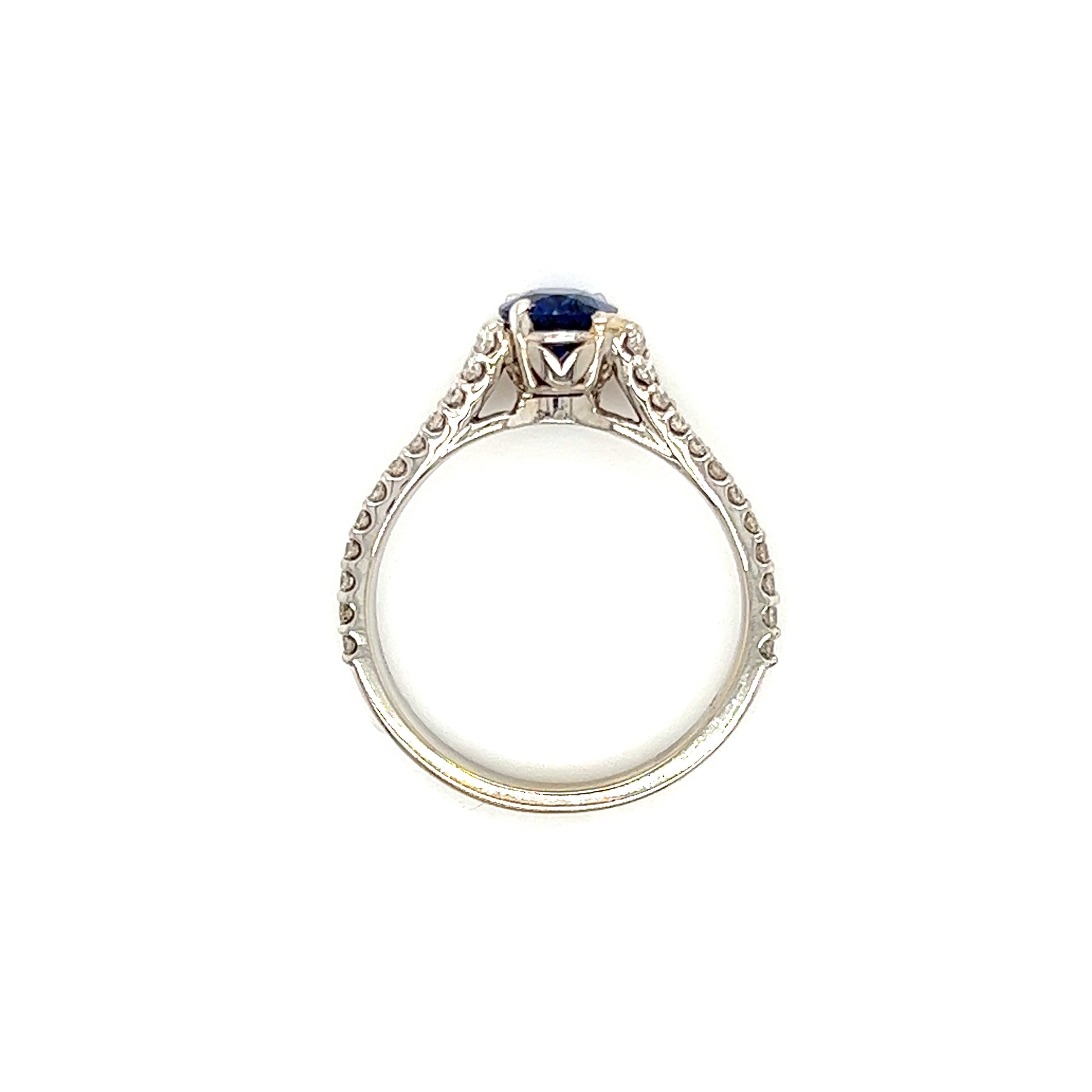 Oval Blue Sapphire Ring with Split Diamond Shank in 14K White Gold Top View