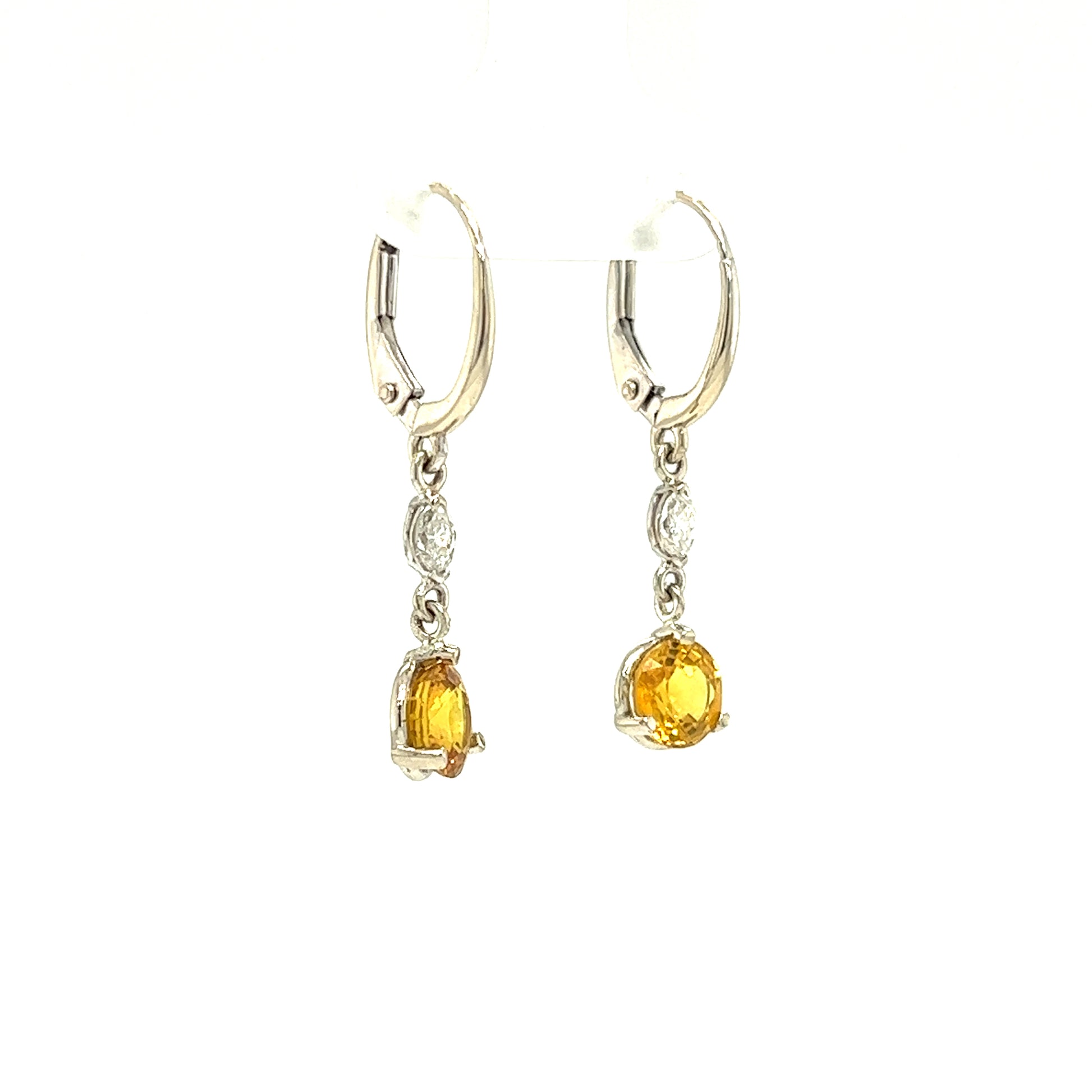Yellow Sapphire Dangle Earrings with Two Marquise Accent Diamonds in 14K White Gold Left Side View