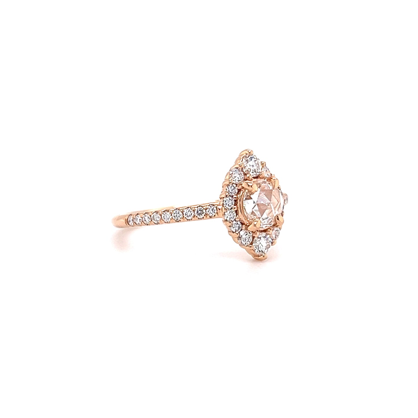 Pink Diamond Ring with Thirty-Two Side Diamonds in 18K Rose Gold Left Side View