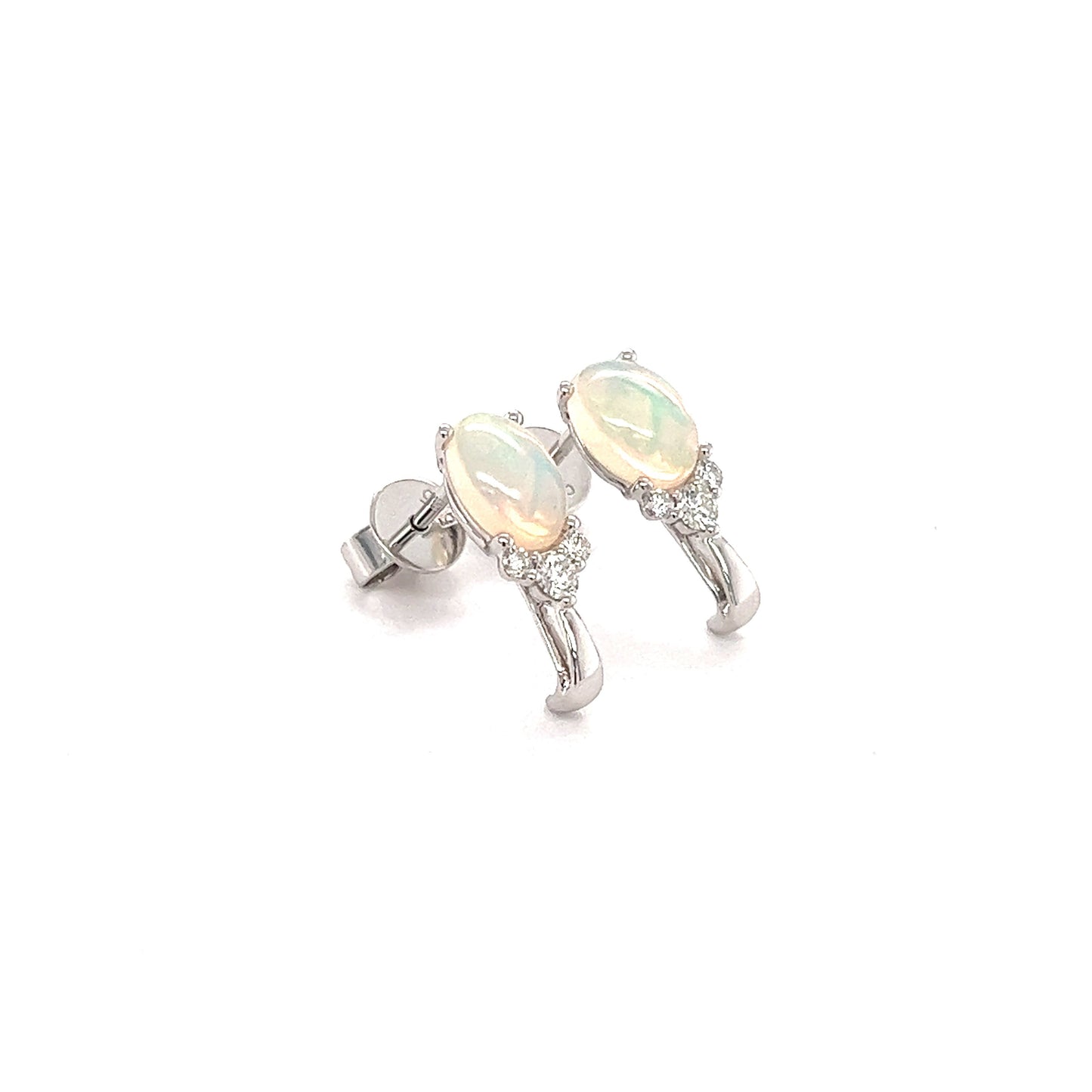White Ethiopian Opal Stud Earrings with Accent Diamonds in 14K White Gold Left Side View