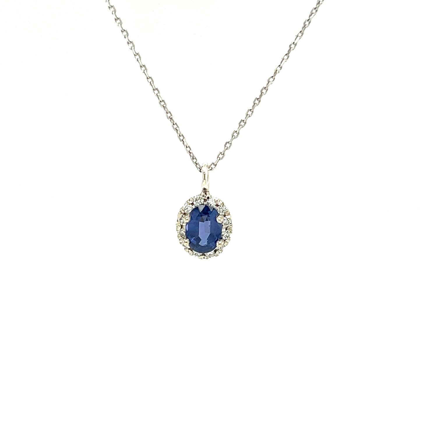Oval Blue Sapphire Pendant with 0.24ctw of Diamonds in 14K White Gold Pendant and Chain Front View