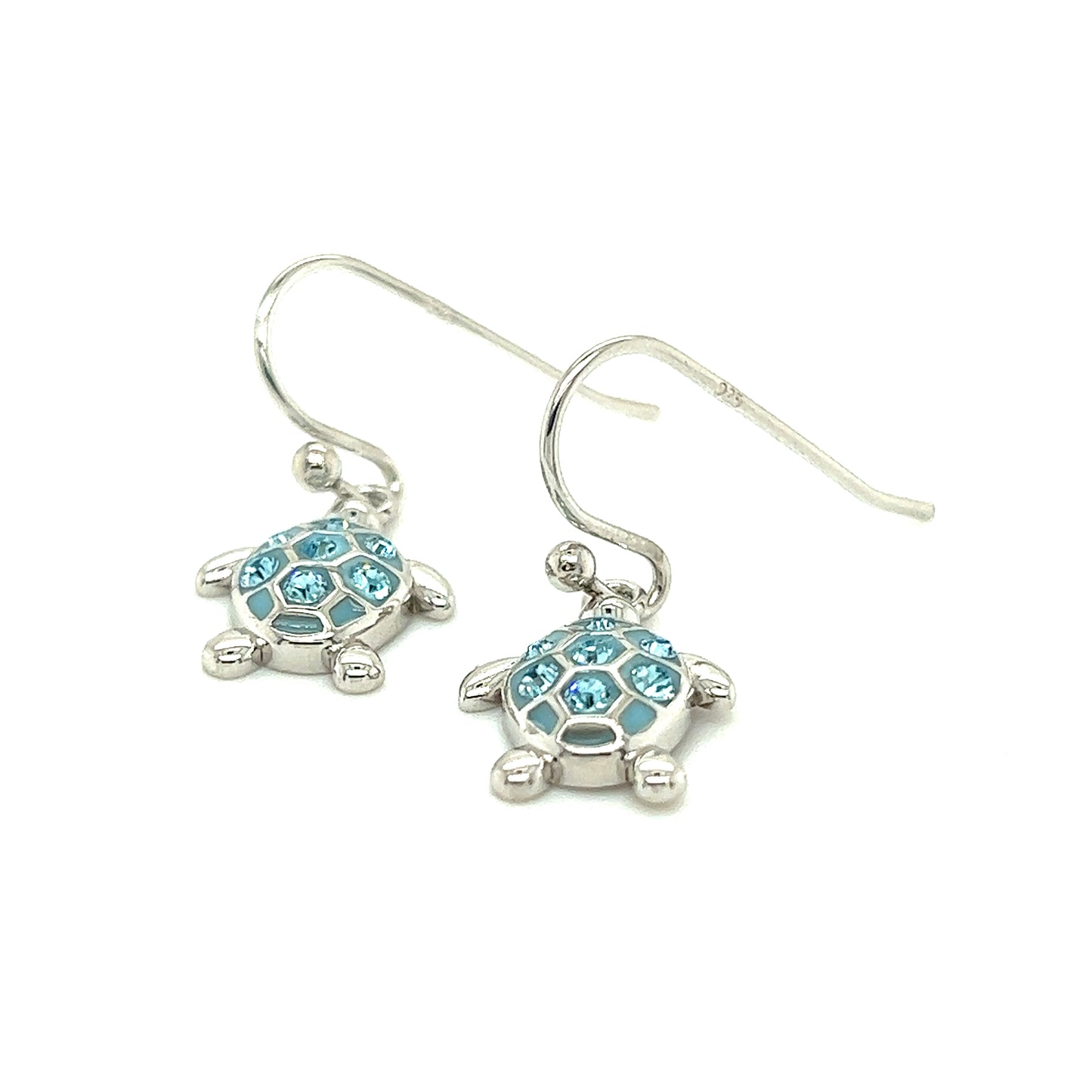 Sea Turtle Dangle Earrings with Aqua Crystals in Sterling Silver Front Flat View