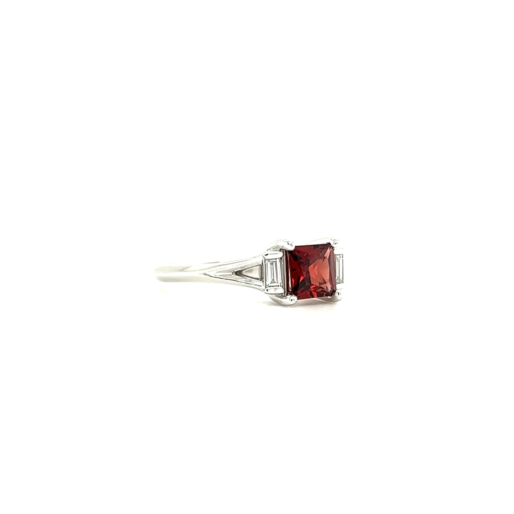 Mozambique Garnet Ring with Two Side Diamonds in 14K White Gold Left Side View