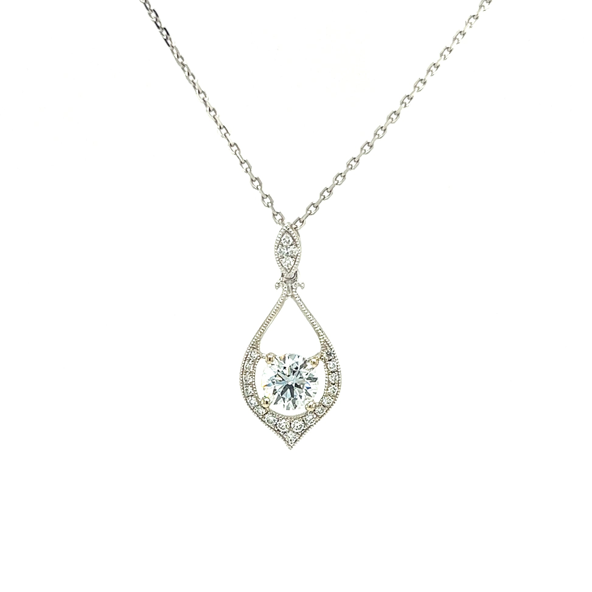 Round Diamond Pendant with 0.60ctw of Diamonds in 14K White Gold Pendant and Chain Front View