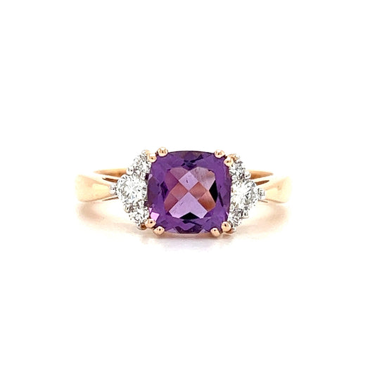 Cushion Amethyst Ring in 14K Rose Gold with Side Diamonds Front