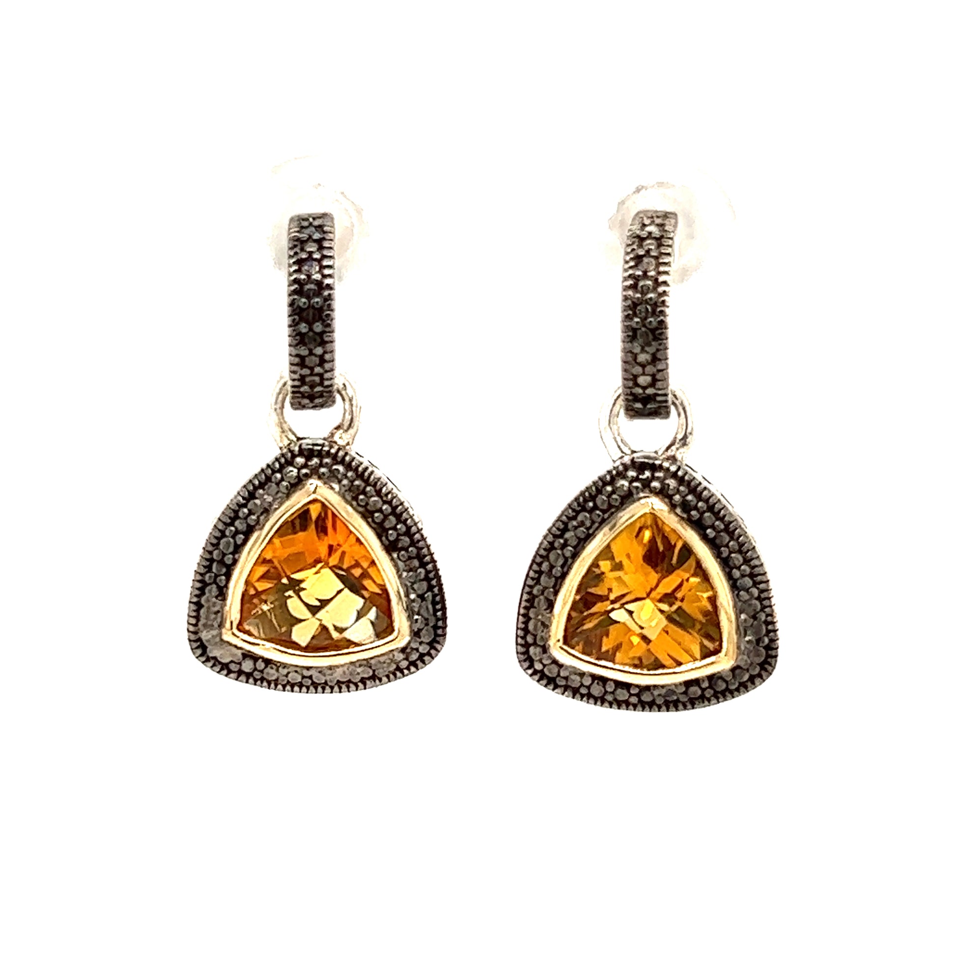Trillion Citrine Dangle Earrings with 14K Yellow Gold Accent in Sterling Silver Front View
