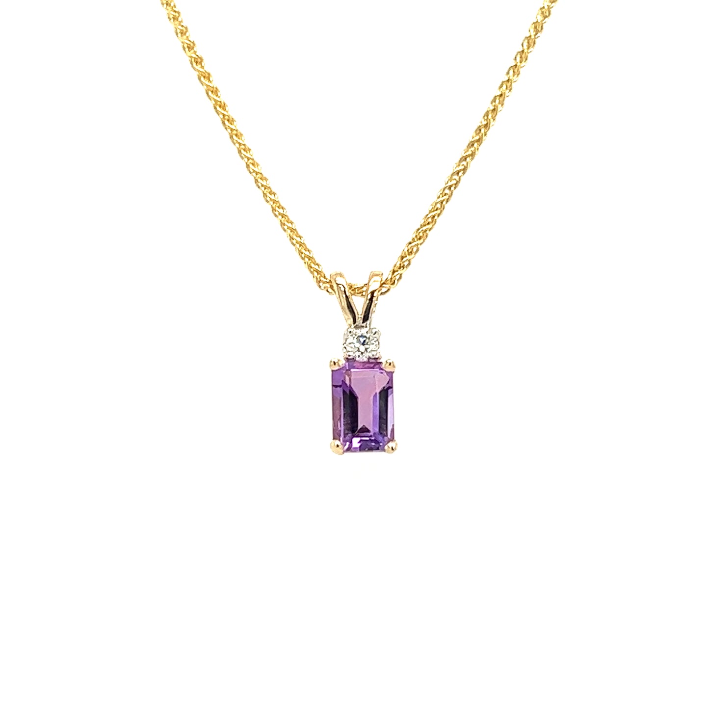 Baguette Amethyst Pendant with Diamond Accent is 14K Yellow Gold Pendant and Chain Front View