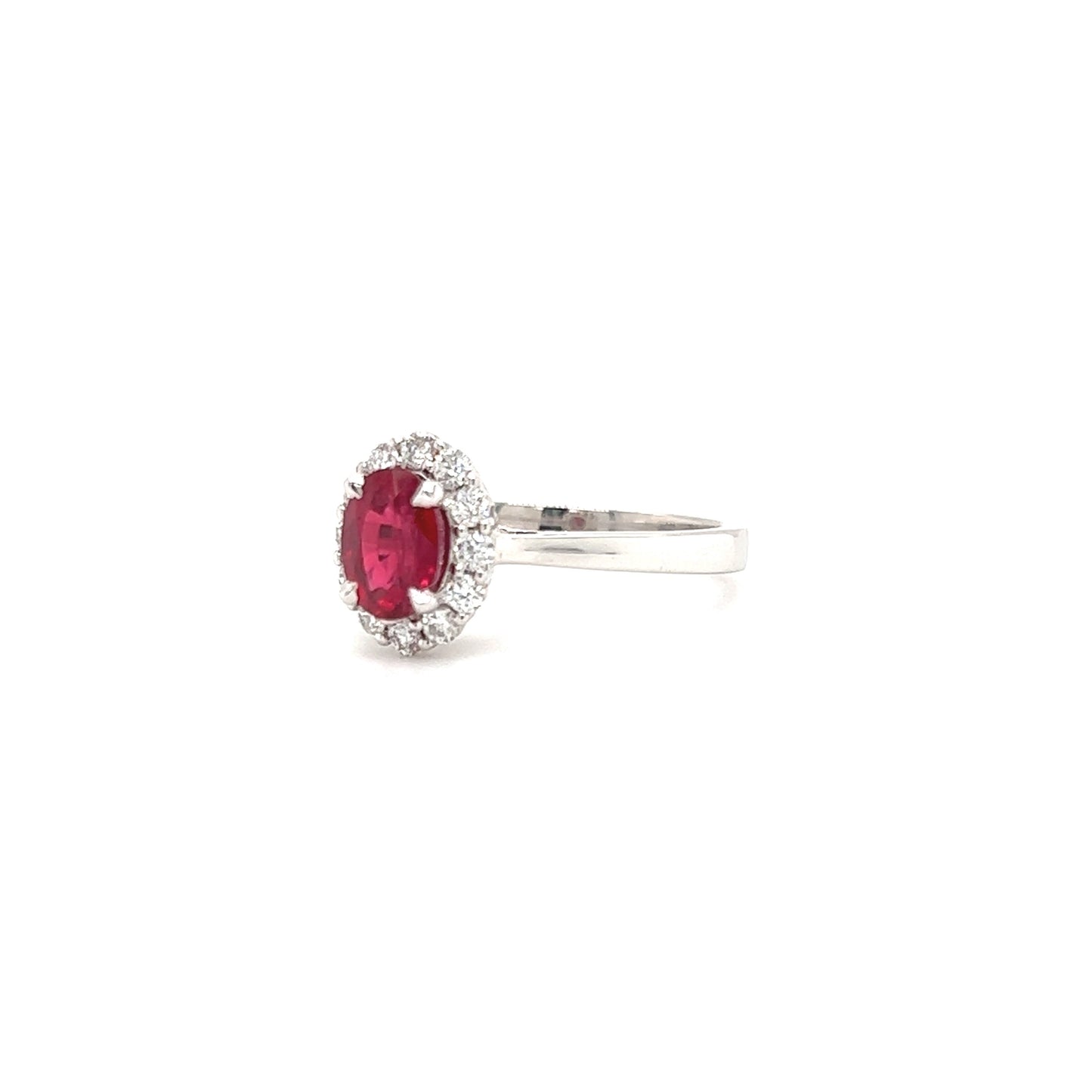 Oval Ruby Ring with Diamond Halo in 14K White Gold Left Side View
