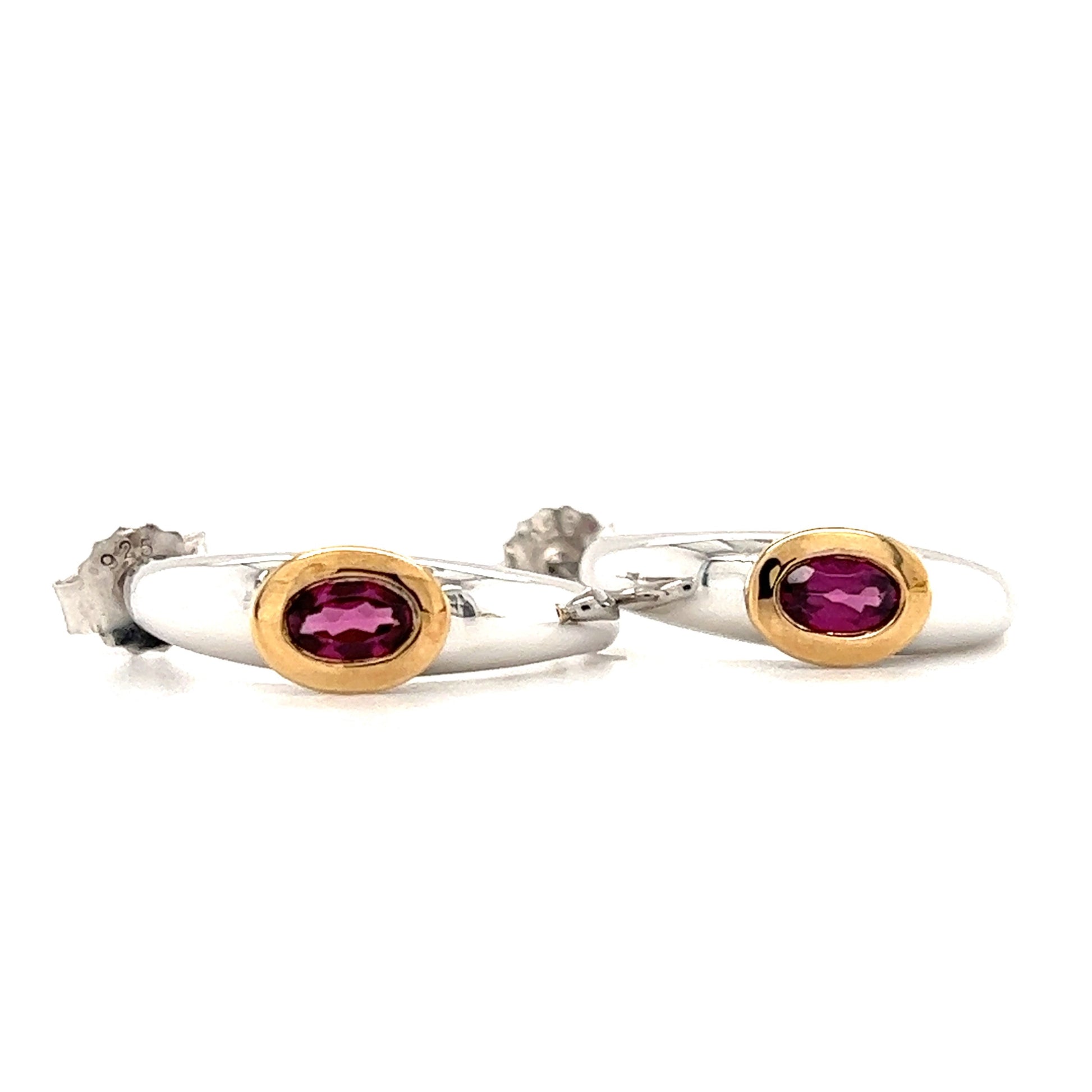 Rhodolite Hoop Earrings in Sterling Silver with 14K Gold Accent Front Side View