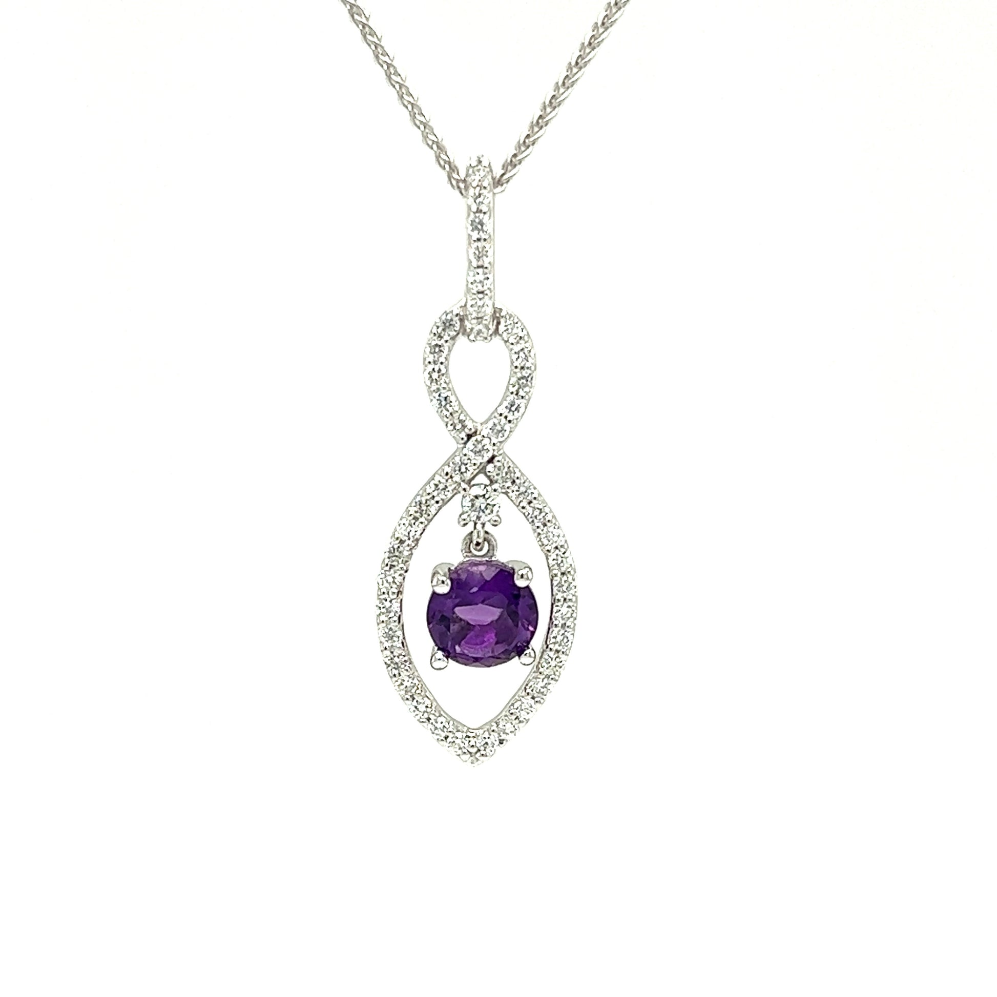 Amethyst Infinity Pendant with Forty-Six Diamonds in 14K White Gold Pendant with Chain Front View