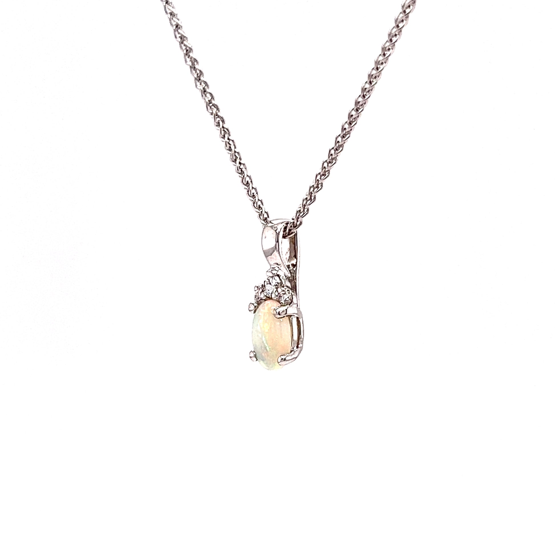 Australian White Opal with Three Diamonds in 14k White Gold Right Side View with Chain