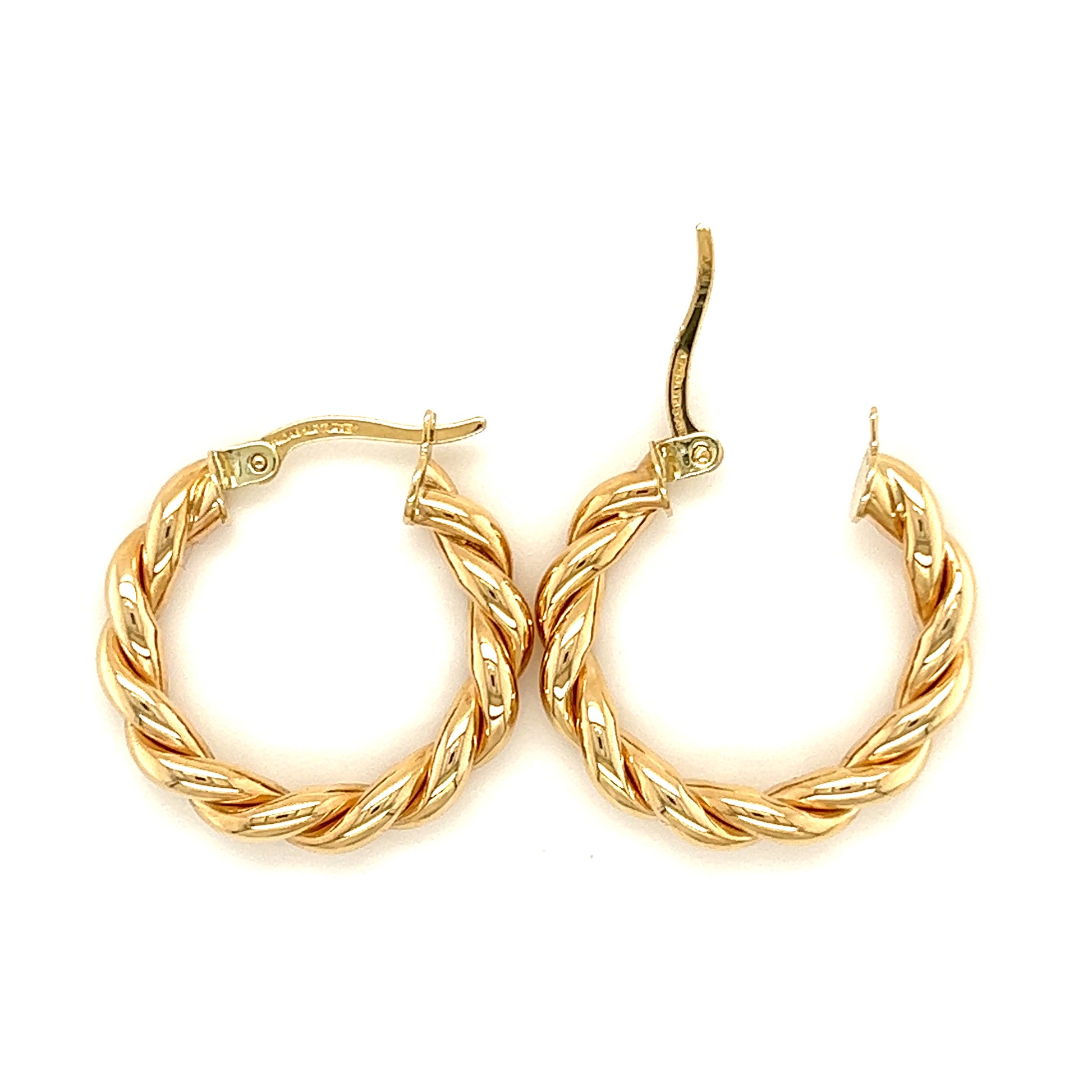 Twisted Hoop Earrings in 14K Yellow Gold Top View Clasp open 