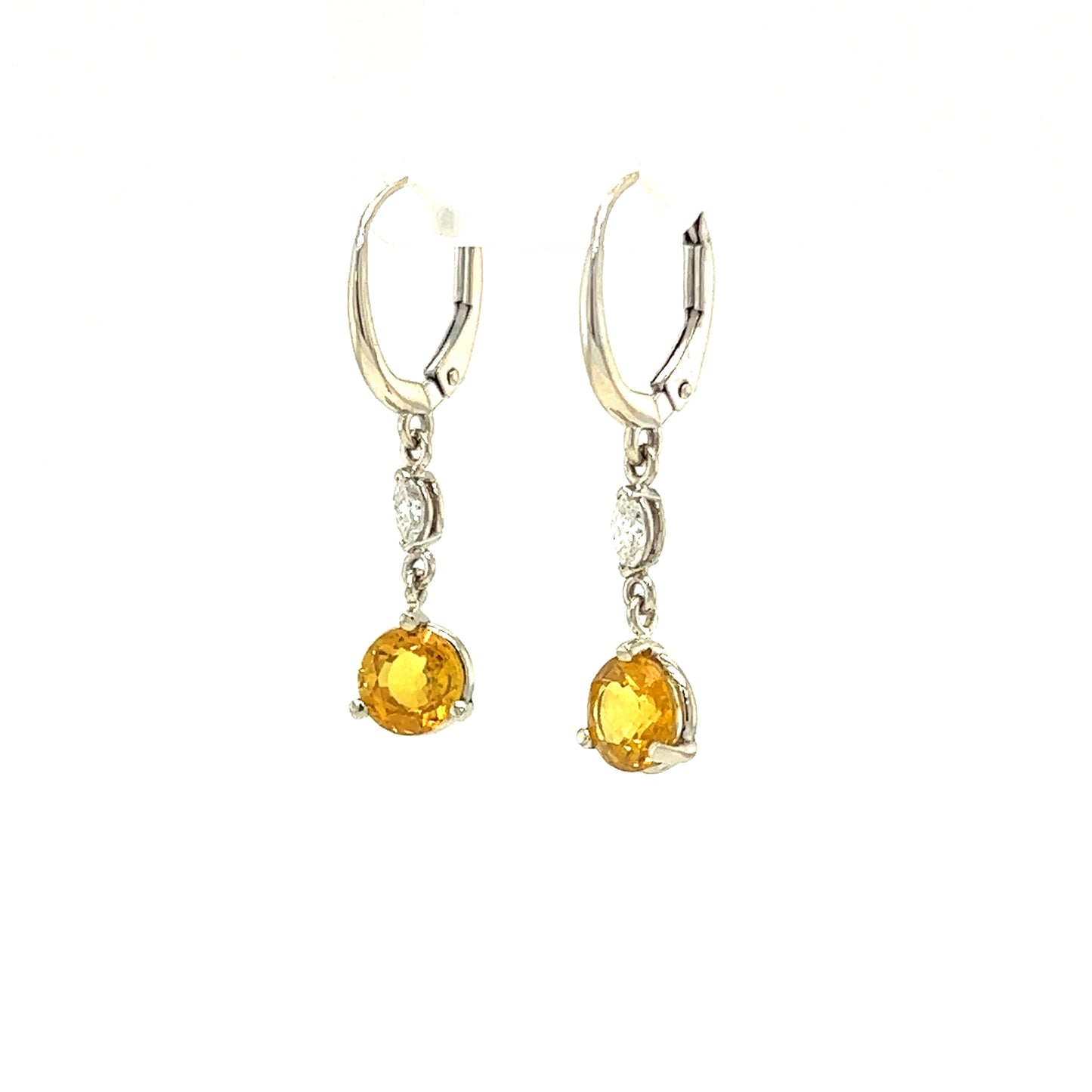 Yellow Sapphire Dangle Earrings with Two Marquise Accent Diamonds in 14K White Gold Right Side View