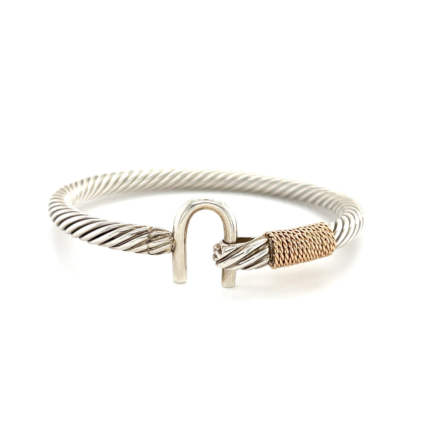 U Cable 5mm Bangle Bracelet with 14K Yellow Gold Wrap in Sterling Silver Flat View