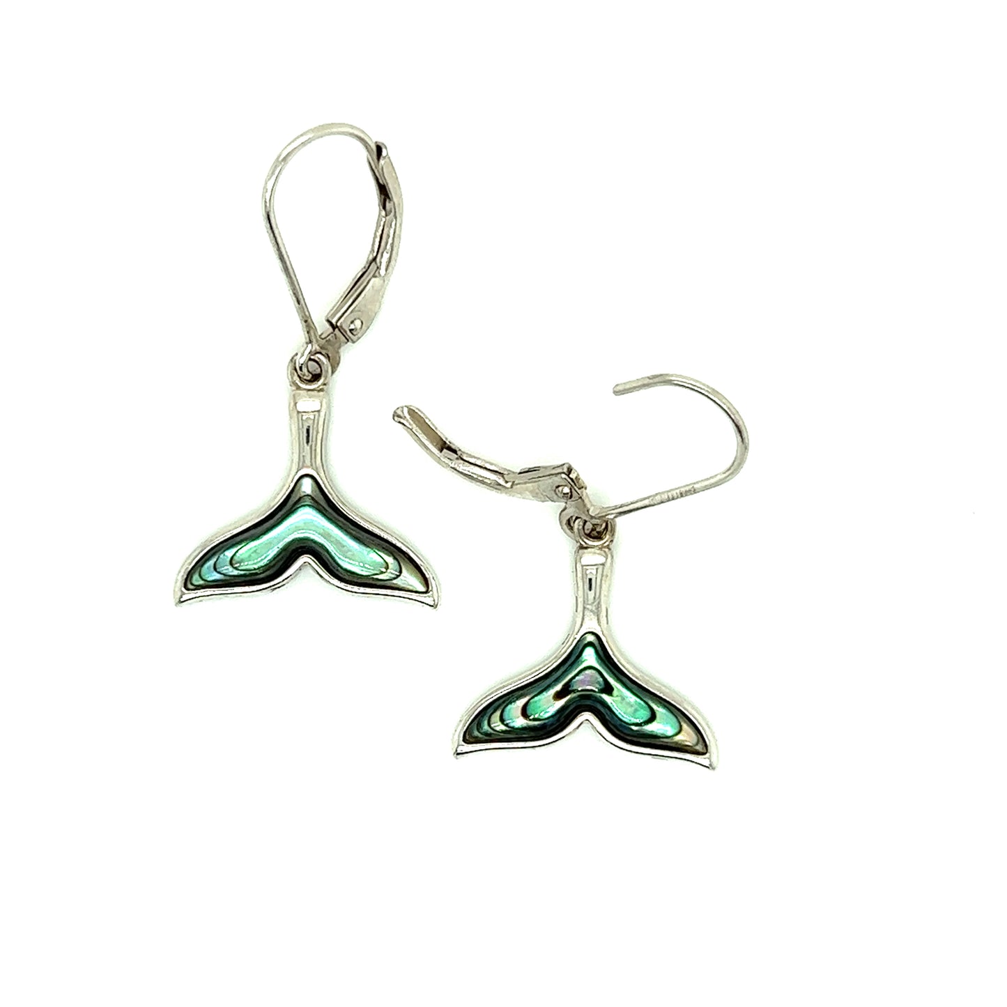 Whale Tail Dangle Earrings with Abalone Shell Details in Sterling Silver Open Lever Back
