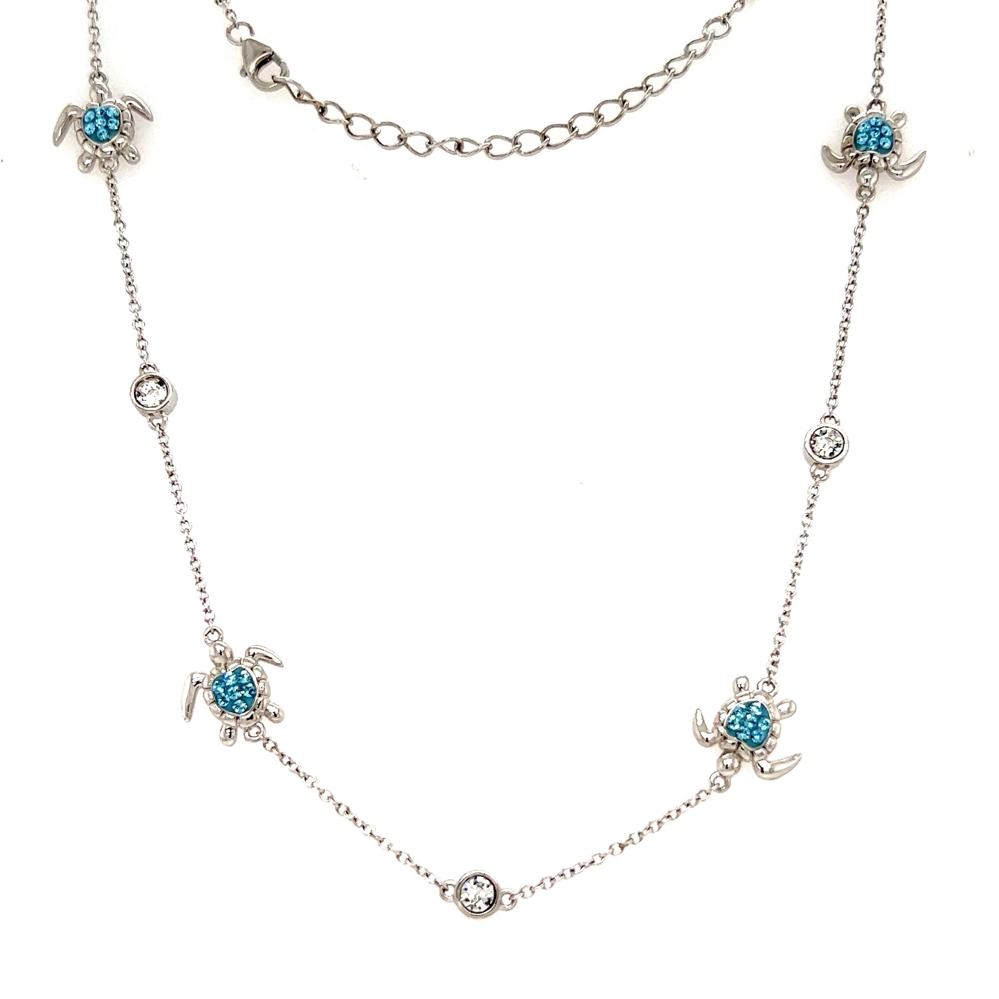 Sea Turtle Necklace with Aqua Crystals in Sterling Silver Full Necklace Front View