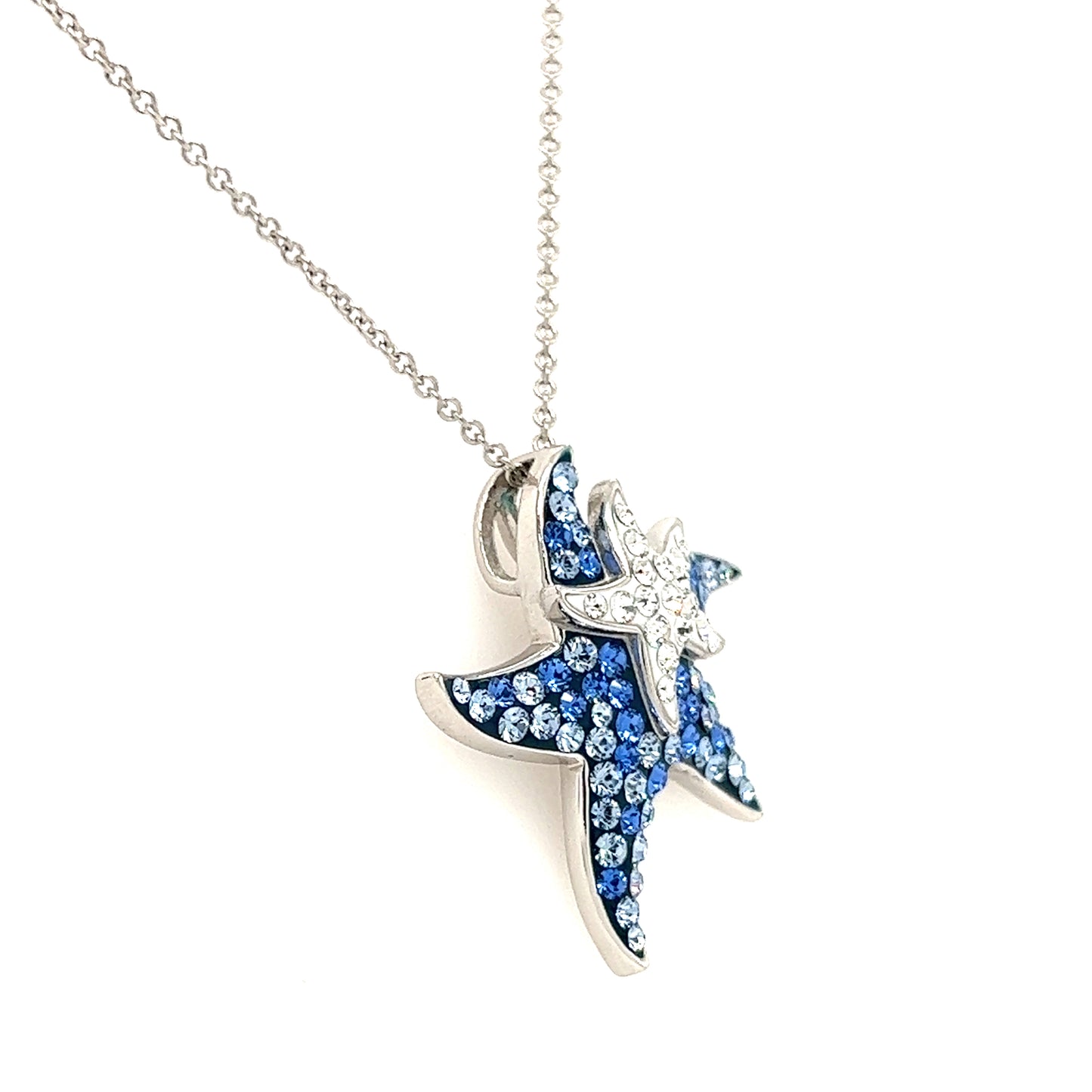 Blue Starfish Necklace with White and Blue Crystals in Sterling Silver. Right Side View