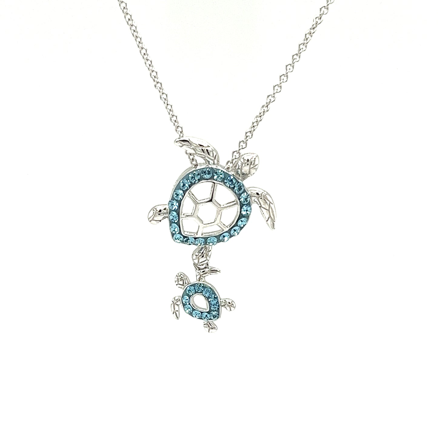 Mother and Baby Sea Turtle Necklace with Aqua Crystals in Sterling Silver Pendant Front View