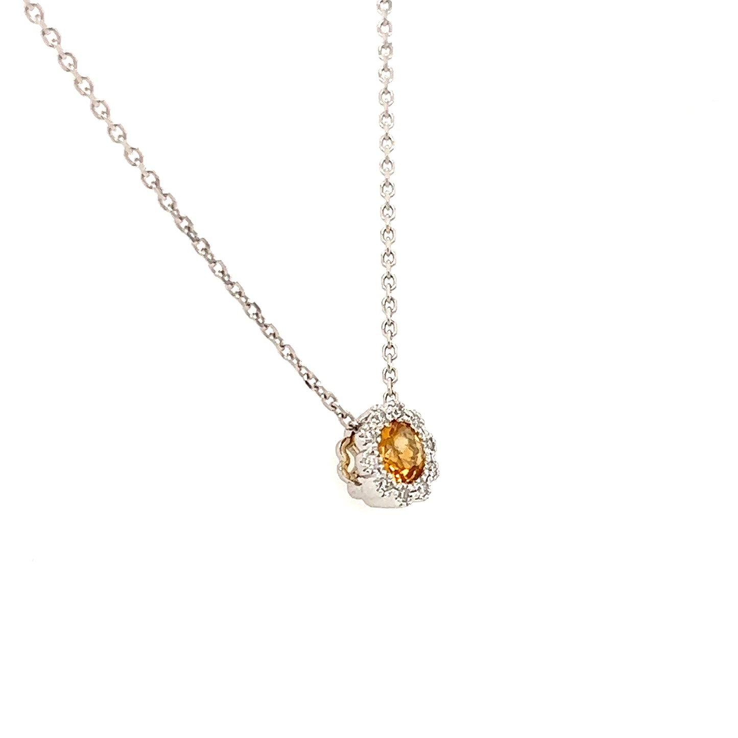 Floral Citrine Pendant with Diamond Halo in 14K White Gold Right Side View Pendant and Chain