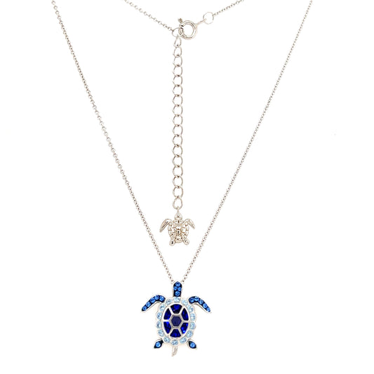 Blue Crystals Turtle Necklace in Sterling Silver Front and Clasp View