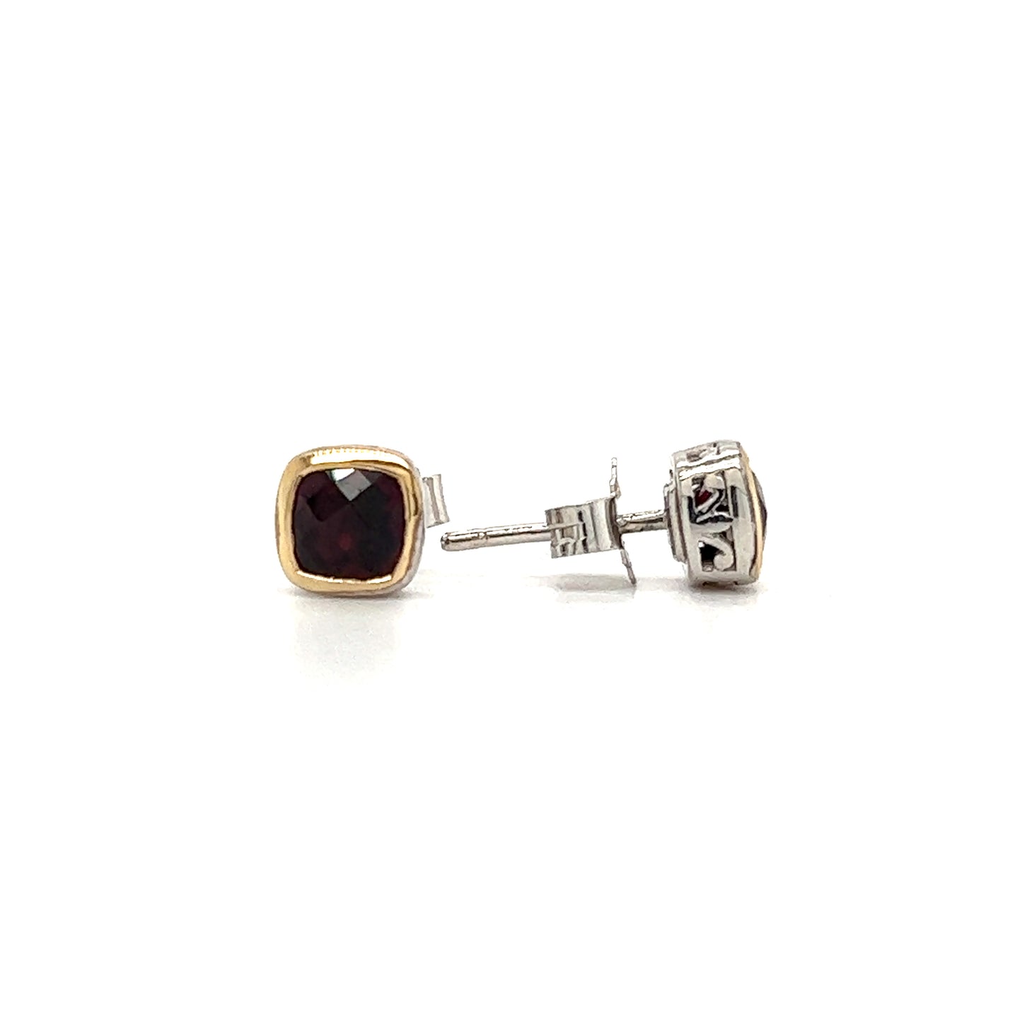 Cushion Rhodolite Stud Earrings in Sterling Silver Front and Side View