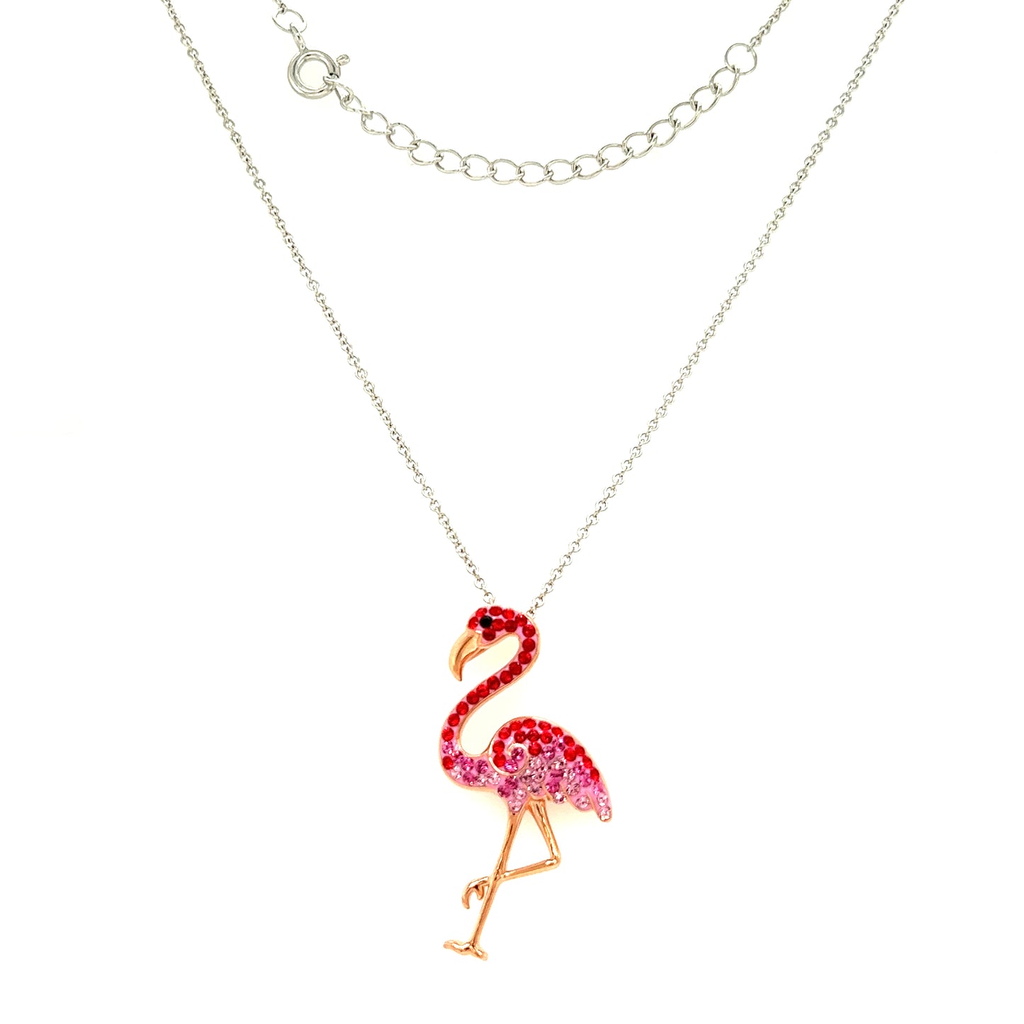 Flamingo Necklace with Red and Pink Crystals and Rose Gold Plating in Sterling Silver Full Necklace Front View