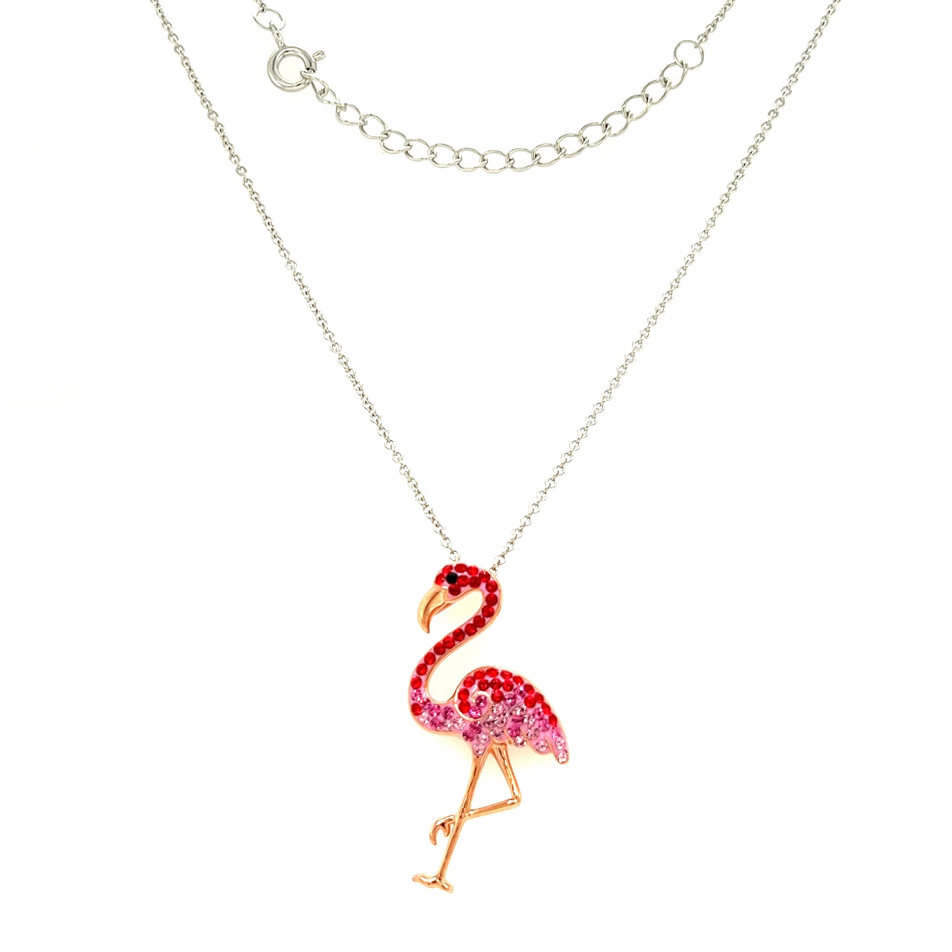 Flamingo Necklace with Red and Pink Crystals and Rose Gold Plating in Sterling Silver Full Necklace Front View