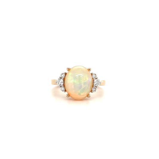 White Ethiopian Opal Ring with Six Side Diamonds in 14K Yellow Gold Front View