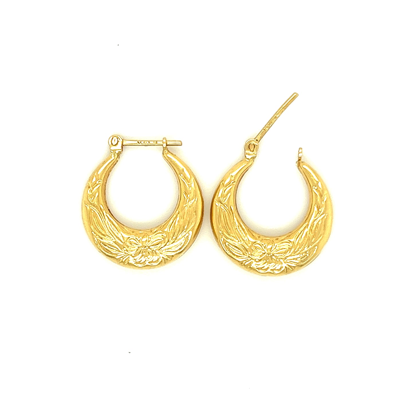 Hoop 18mm Earrings with Flower Engraving in 14K Yellow Gold Top View Open Clasp