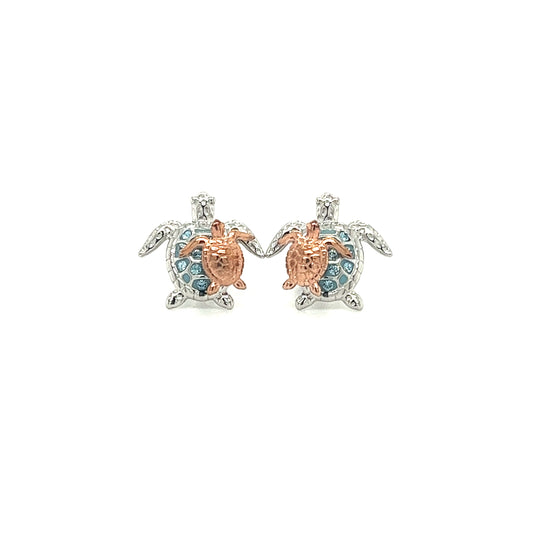 Sea Turtle Stud Earrings with Rose Gold Accents and Aqua Crystals in Sterling Silver Front View