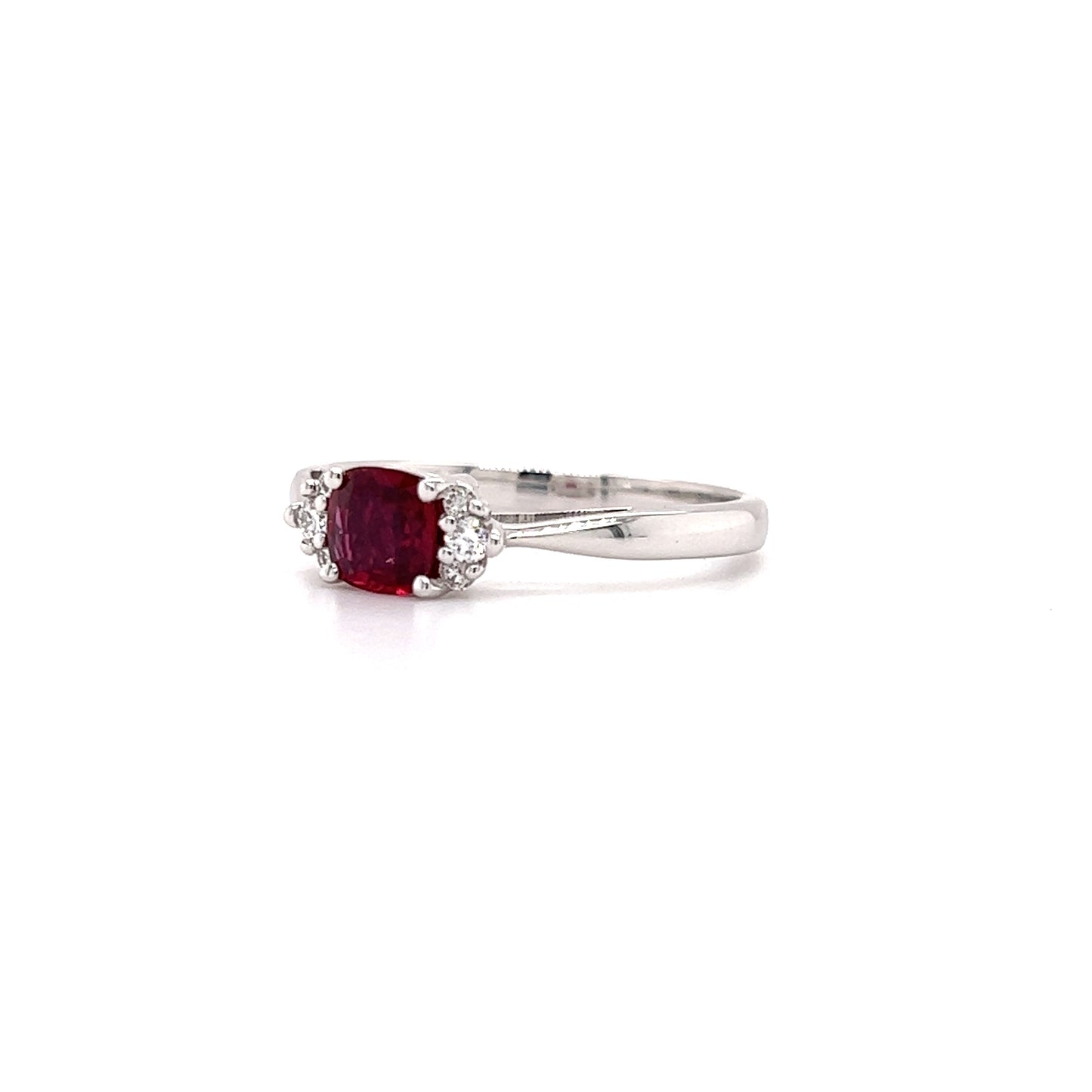 Cushion Ruby Ring With Six Side Diamonds in 14K White Gold Right Side View