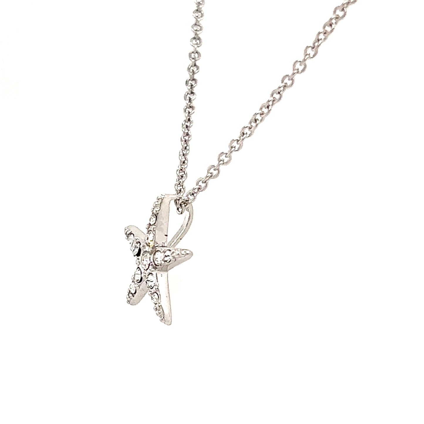 Small Starfish Necklace with White Crystals in Sterling Silver Left Side View