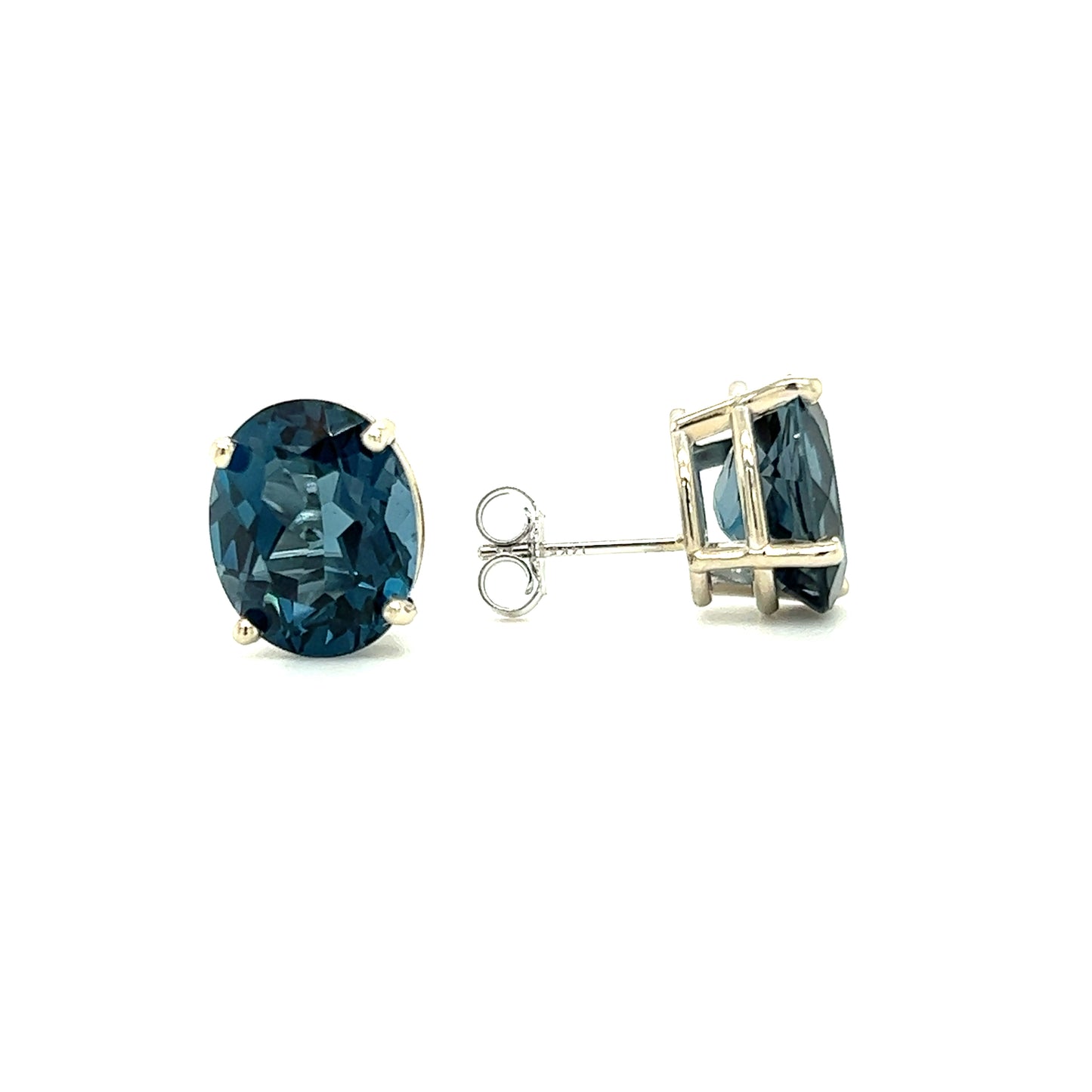 London Blue Topaz Stud Earrings in 14K White Gold Front and Side View