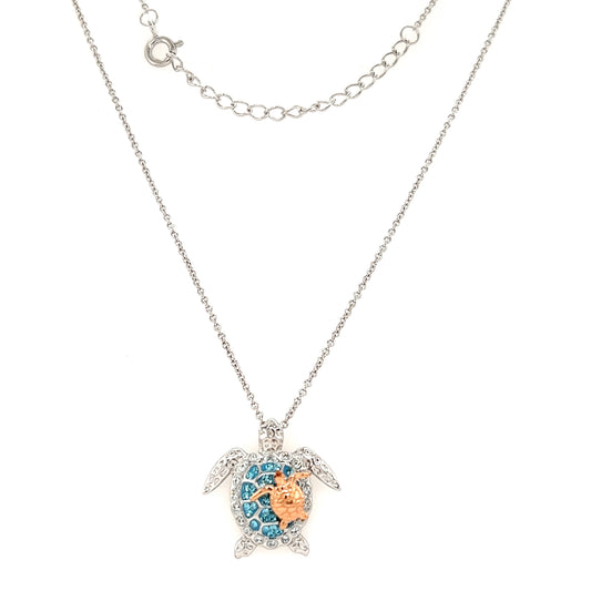 Sea Turtle Necklace with Rose Gold Accent in Sterling Silver Front View