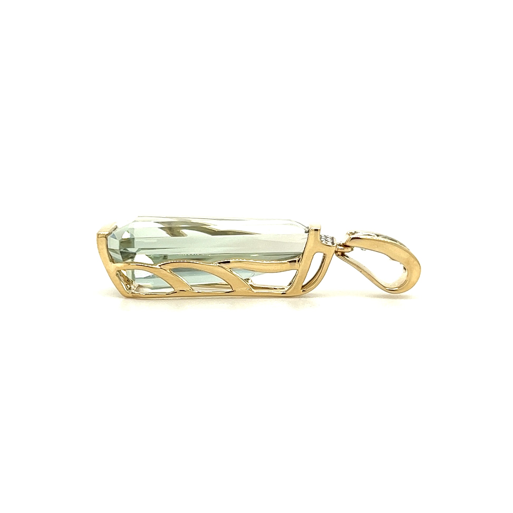 Green Amethyst Pendant with Blue Topaz and Diamonds in 14K Yellow Gold Pendant Flat Side View